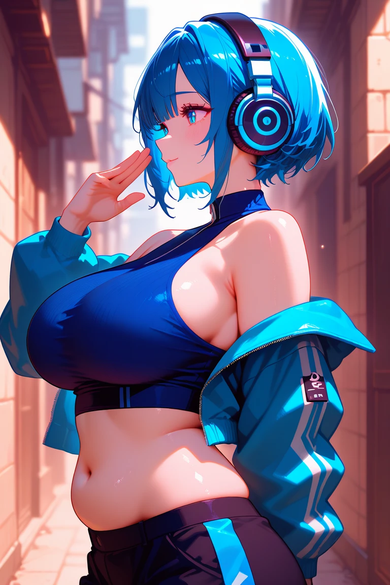 masterpiece, Best Quality, 1 girl, Alone, crop top, ((colossal neckline:1.3)), denim shorts, choker, (Graffiti:1.5), paint splash, arms behind the back, against the wall, looking at the viewer, bracelet, thigh strap, body paint, nod, bored, violet fur, aquamarine eyes, headphones, peepshow, nipslip