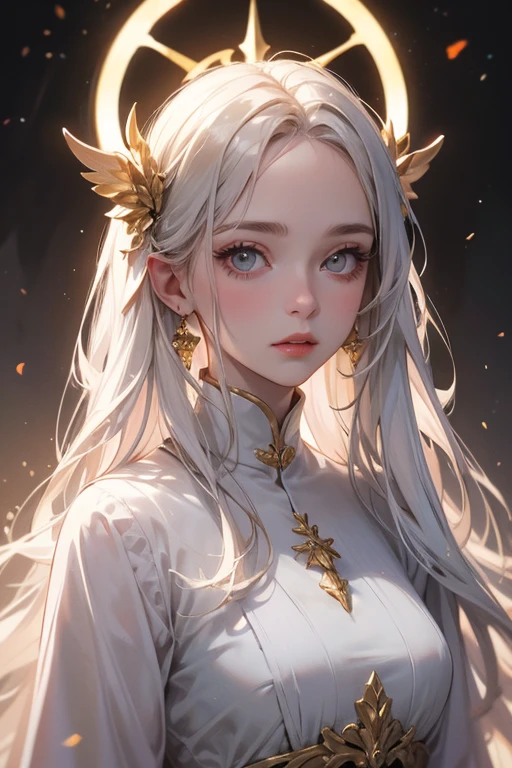 best quality, white hair, gold eyes, white clothes, looking up, upper body, hair strand, Fair skin, smiling