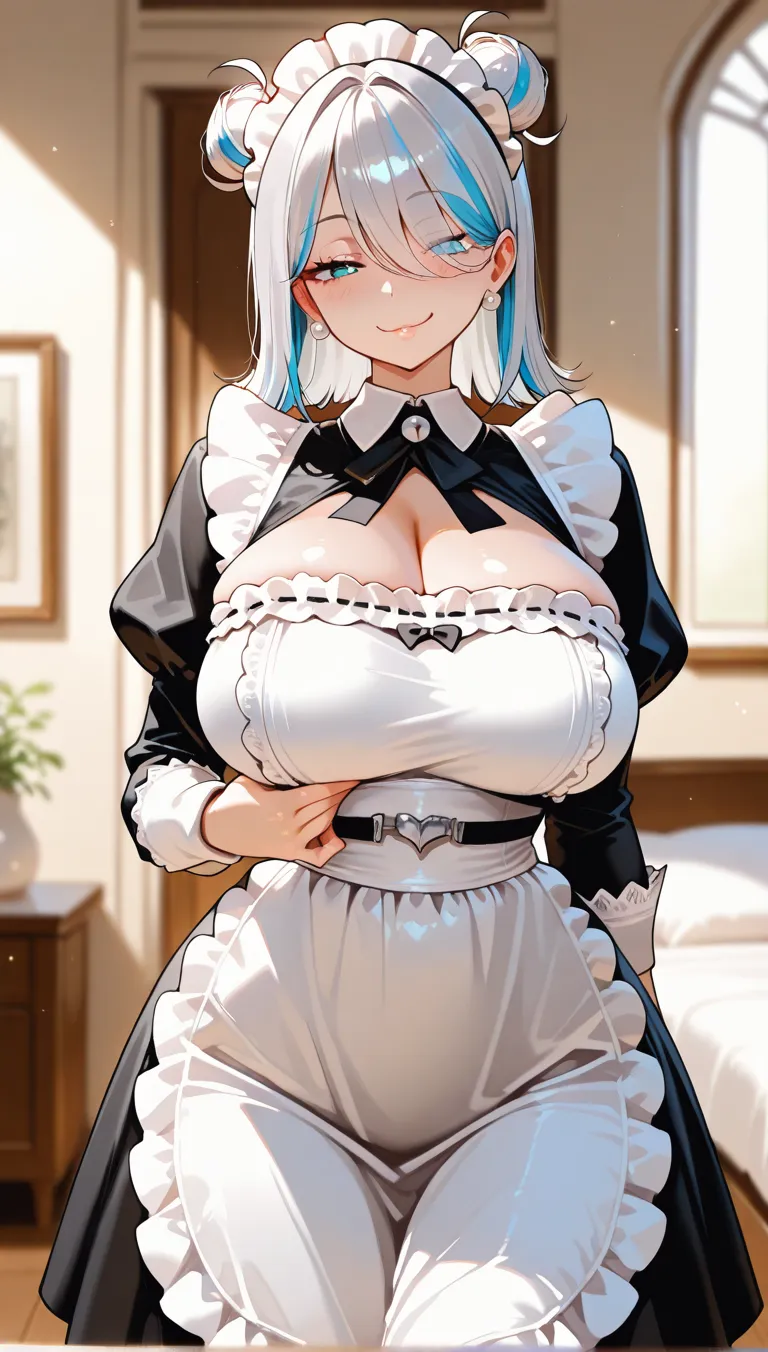 mature woman, mature face, hot face, emotionless face, glossy lips, cyan eyes, sharp eyes, (cool beauty), white hair, short hair, bob hairstyle, mature body, curvy body, big ??????, maid clothing, exposed cleavage, living room