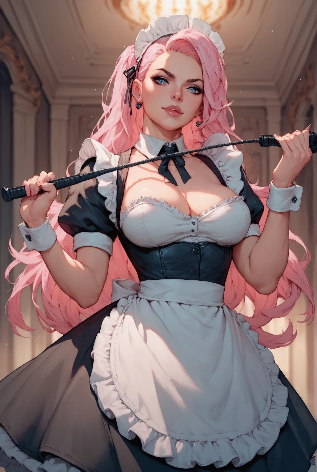 best quality,，masterpiece, Japanese cartoons,,Pink long hair，Bangs covering one eye，Big breasts,，Maid costume,Dynamic poses,corridor,Place one hand on your hip,The other hand strokes the hair，