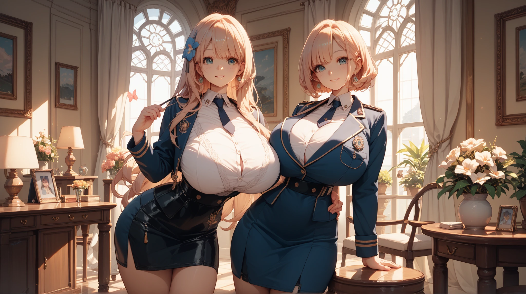 haute résolution, des mains parfaites à cinq doigts, visage parfait . Deux filles de 25 ans, Jumelles nymphomanes aux tétons énormes et coquins, la scène les montrent en train de s'écarter les fesses elles mêmes, dos courbé face au public, angle de vue multiples, corps voluptueux et musclé. ❤️💕💖💋