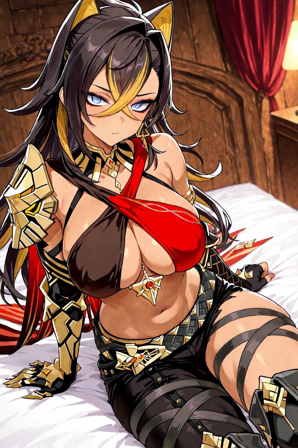(), in a castel a throne room, castel guard, guard in the room, detailed backgound, two (anime) seductive succubi with alluring horns, golden colors, (rich pubic hair:1.5), different eyes color, heart shape pupil, sharp fangs, elegant claws, mesmerizing tails, and pointed ears, grinning,  expression, (multi colored hair:1.4). They are (half-dragon:1.4), with mesmerizing wings. They enchant with their bimbo-like appearance, (curvy figures:1.2), and alluring huge bosoms adorned with tantalizingly large and protruding puffy . Their bodies showcase intricate tattoos, golden  tattoos and alluring makeup, captivating collar with (slave:1.2) attribute, seductive poses with ( touch:1.4) and (spreading legs:1.2), hearts,visible , visible , visible