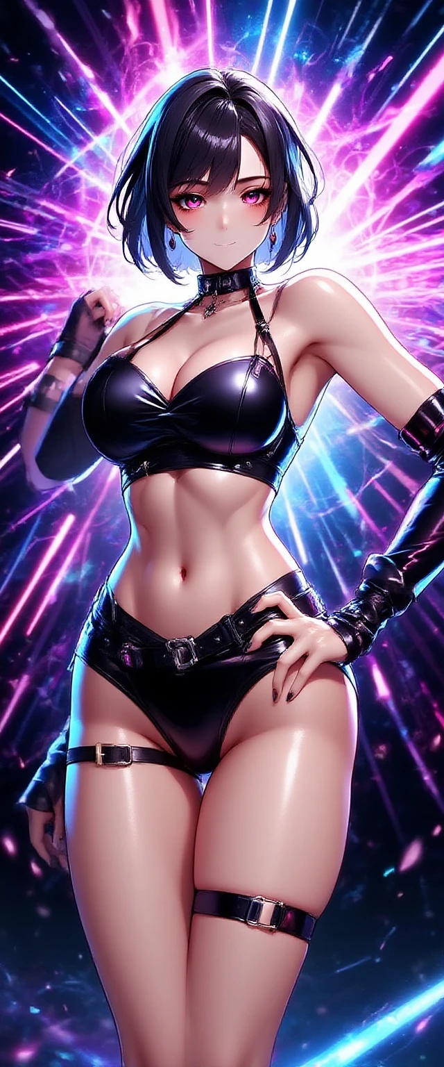 (Best quality,Unbeatable masterpiece:1.4),Ultra-detailed CG 4K,Black metal mech，Single high ponytail，Metal heels，Huge cleavage，Nipple presentation，Long white hair，obsessed，hair covering one eye，smooth thigh，standing with legs apart，in the stars，face to the viewer，Nipple presentation，navel，Lift one thigh