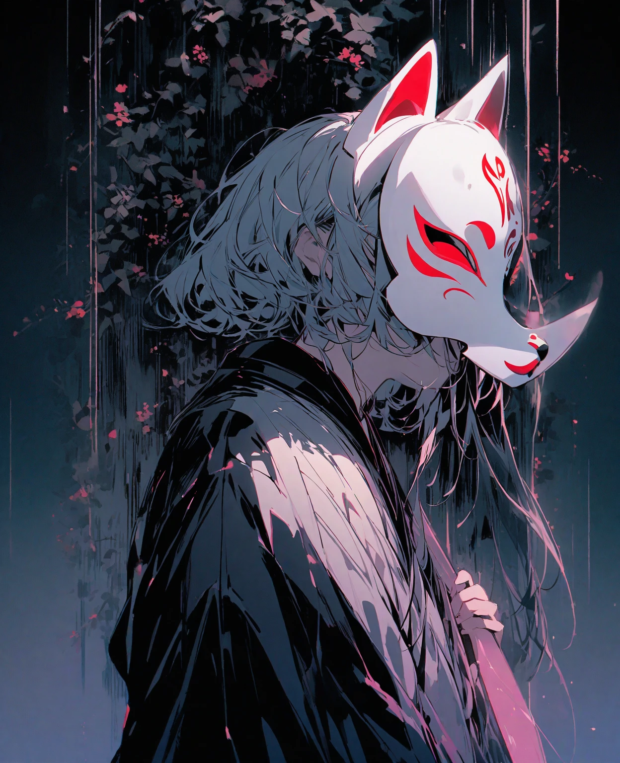 oniNFT, solo, 1boy, male focus, furry, weapon, sword, teeth, upper body, petals, long hair, sharp teeth, japanese clothes, from side, white hair, colored sclera, fangs, katana, furry male <lora:oniNFT-block:1>