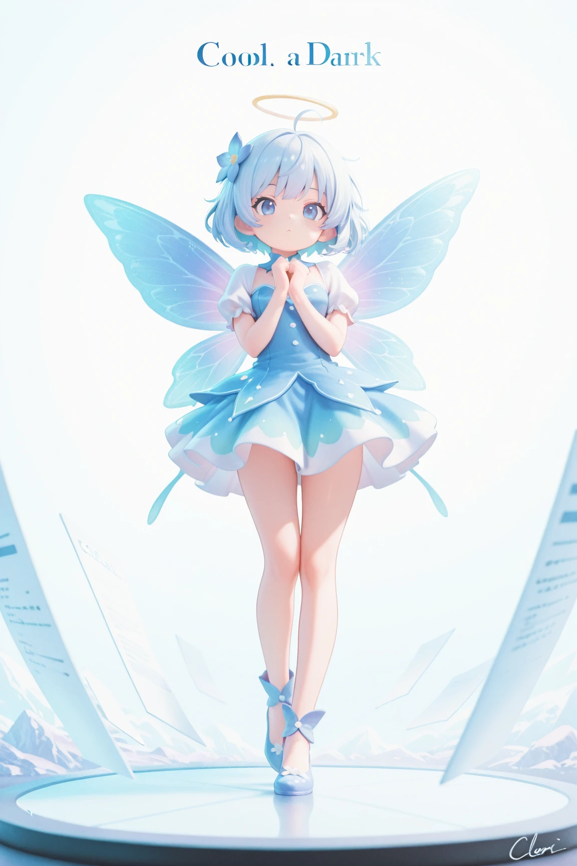 score_9, score_8_up, score_7_up, masterpiece, best quality, perfect facial features, highest resolution, 8k, amazing quality, detailed eyes, clear eyes, dynamic composition, dynamic pose, face clearly visible, close-up of face, low angle, turn your side, view from the side, turn only your face, face close, 1 girl, solo, Repochi, light blue hair, short hair, fairy wings, fairy, fairy girl, (fairy girl), Repochi's clothes, fairy clothes, fairy dress, dynamic pose, signature pose, striking a pose, low-angle, cool pose, full body, cute pose, BREAK A girl holding a whiteboard with the words "OC Popularity Poll" written in colorful letters, BREAK "OC Popularity Poll" written in large letters at the top of the screen in the title logo, BREAK movie poster style, BREAK popularity poll poster style, dynamic pose, signature pose, striking a pose, low-angle shot, cool pose, full body, cute pose, (((clear contrast between light and dark, cool color image)))