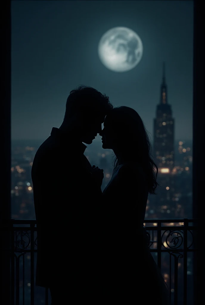 silouhette of a man holding a woman's hand, in a balcony. the background is night time nyc, dark and dreamy