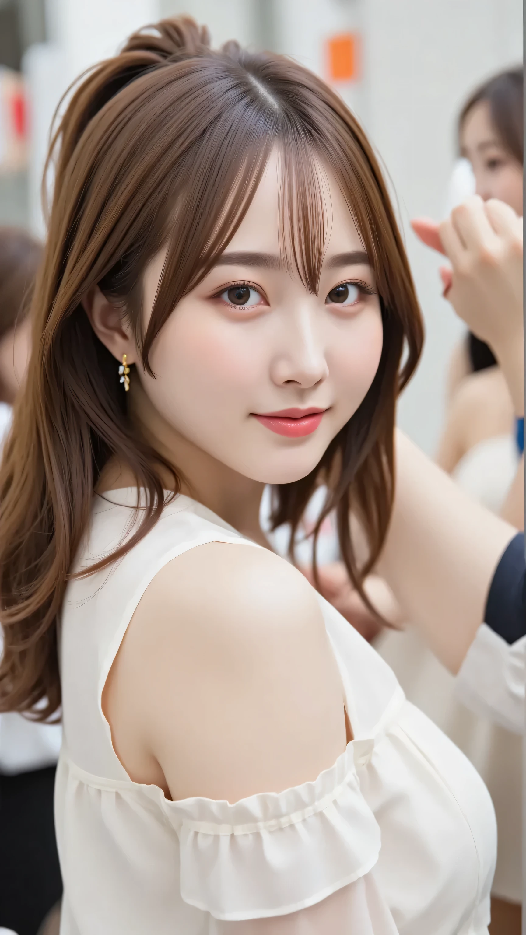 A very cute face like an idol、Looks like a young face、20-year-old female、Gentle and cute、A kind smile、White, sheer collared blouse、((whole body像))、、A crowded bar、Toast with a beer mug、Cinema lighting、Natural light、whole body、RAW Photos、Genuine、Artistic、(High level of artistry)、High quality that is indistinguishable from real life、realism、Real Stick、High resolution、masterpiece