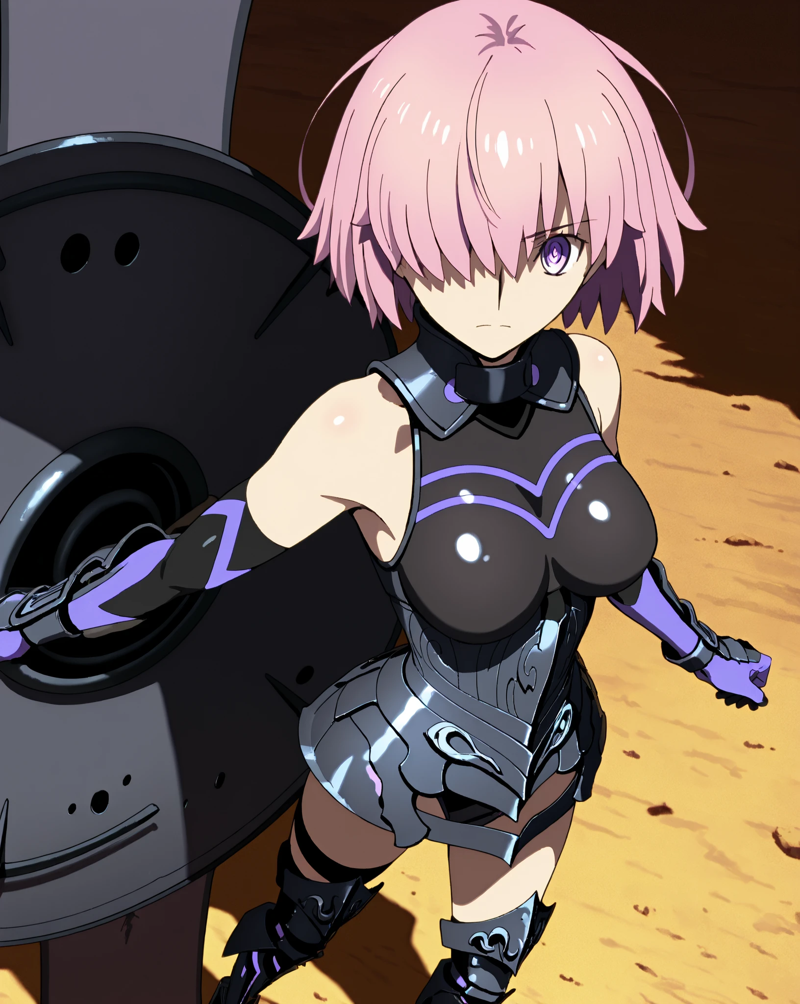 harayu, score_9, score_7_up, source_anime BREAK 1girl, looking at viewer, cowboy shot,
 <lora:MashKyrielightV2Pdxl_Dwnsty:1>, mashortenaus, purple eyes, pink hair, hair over one eyes, short hair, black armor, armored leotard, head-mounted display, gorget, thighhighs under boots, hip armor, faulds, armored boots, greaves, cleavage cutout, glowing,
, , lips, blush, smile, serious, own hands together, 
outdoors, desert, from side, running, holding gun, gun, science fiction, war, from below,