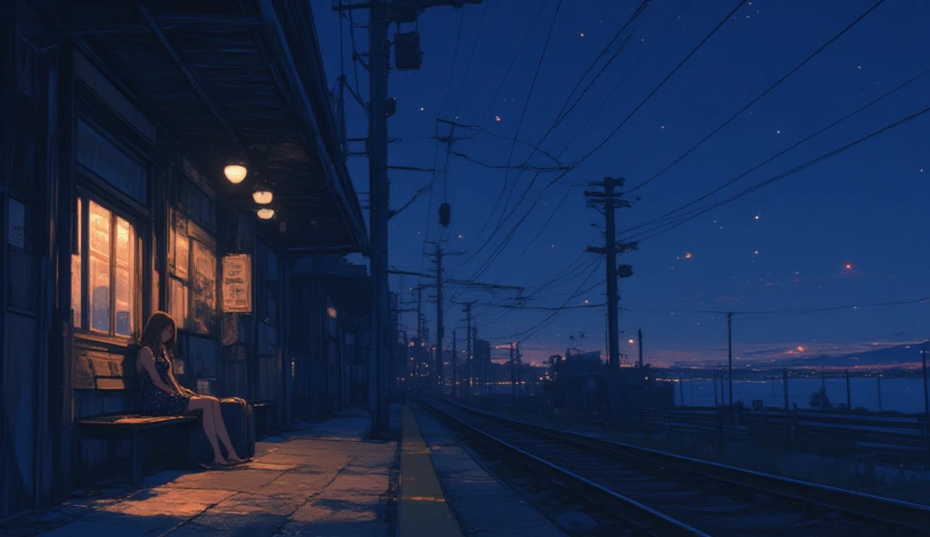 masterpiece, best quality, extremely detailed, anime,Girl, black hair, ponytail, carrying a large backpack, greeting with one hand raised, smiling, late at night, starry sky, railroad crossing,