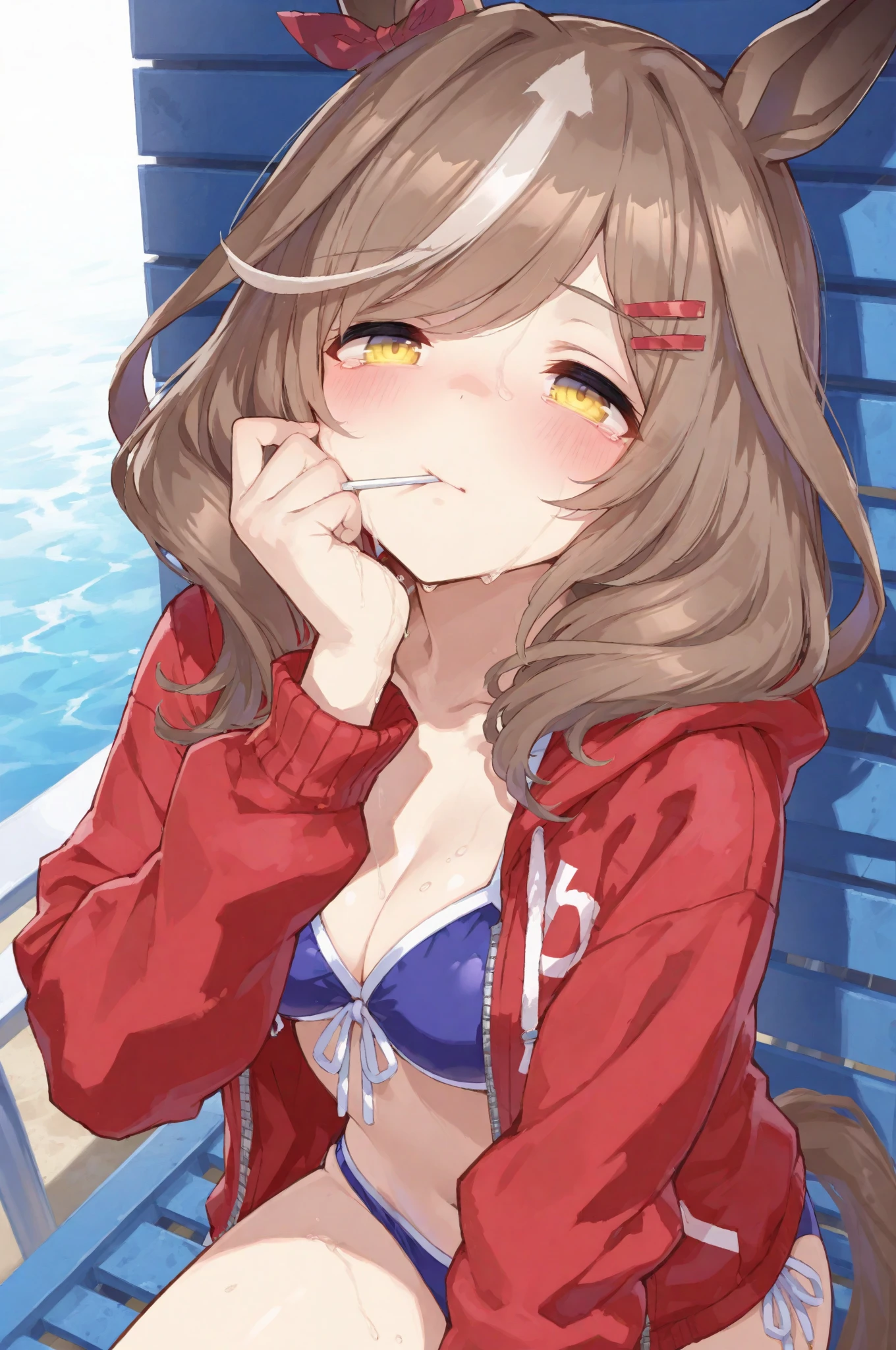 1girl, green eyes,twintails,hair ornament,long hair,hairclip, bangs, brown hair, looking at viewer, , upper body, smirk, 3d, finger point to mouth, uncensored,, <BREAK> , masterpiece, amazing quality, best quality, ultra-detailed, 8K, illustration, CG, anime coloring,