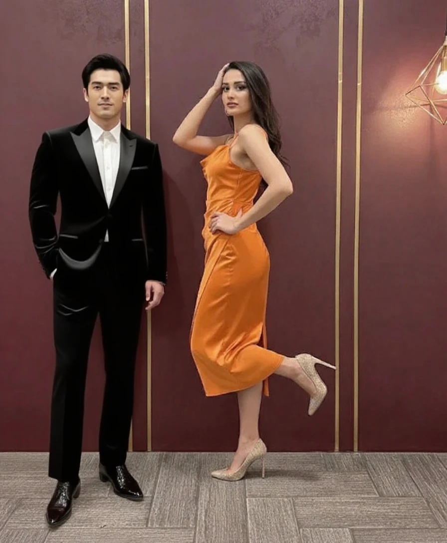 Mature beauty VN03, 1 charming, (Smile:1.2) stunning beautiful wife, 25 years、 High_Fashion, designer dress, 2 beautiful adults posing for a photo, Fashion秀, game_north african trade zone, angry, crazy, dark red eyes, Light brown delicate medium and short hair，The ends of the hair are wavy，Elegant hairstyle, catwalk \(aisle\), , rich and colorful, bright colors, body proportions，(Sexy silk embroidered dress:1.2), rest black long hair, rest (ceremony, Red carpet, large crowd:1.5),, best quality, absurd, best quality, stunning details, 8k, Aesthetic,