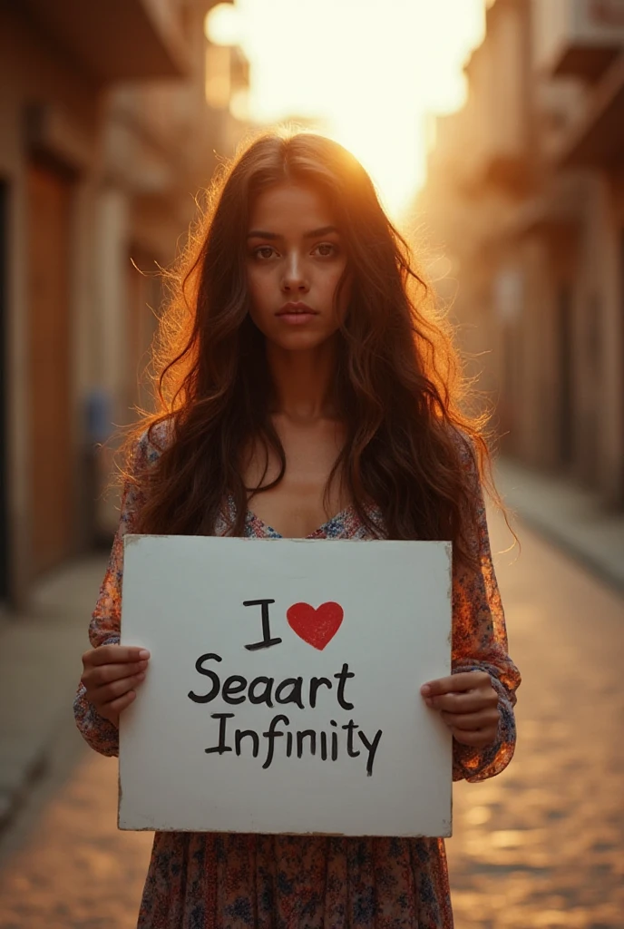 Beautiful girl with wavy long hair, bohemian dress, holding a white board with text "I Love Seaart Infinity" and showing it to the viewer“Empty narrow street of an Indian small city, soft golden sunrise light, quiet atmosphere, cinematic ultra realistic”