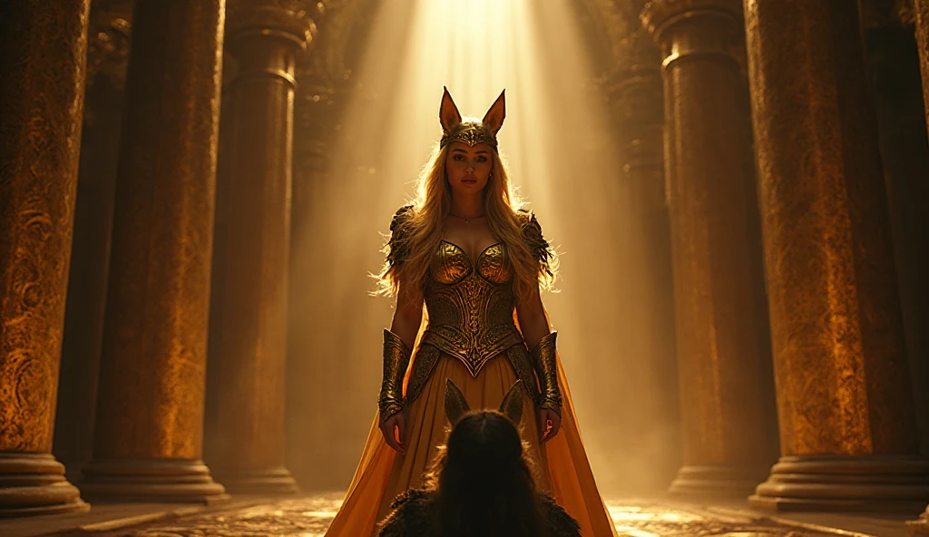 A cinematic and dramatic fantasy scene inside a grand golden throne ...