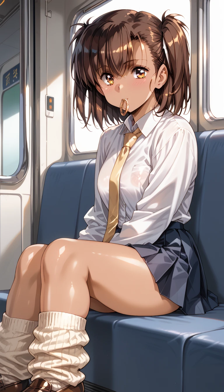 ((perfect :1.2,realistic:1.3,RAW Photography:1.3,masterpiece、highest quality、Ultra - High resolution、High resolution、Highly detailed CG、8K)),cowboy shot,1 female,solo,18 year old beauty, Japanese、((beautiful detailed face and eyes:1.2,big gorgeous eyes:1.2,crying)),dark brown hair,long hair,bangs,medium breasts,slender body,small head:1.5,skinny,(brown skin:1.4),(oily skin,gleaming skin,shiny skin,sweat:1.4),((Oversized light_gray sweatshirt,perfect white panties,Navy pleated mini skirt,bare legs))、black loafer shoes,squatting,spread  legs:1.5,on the train,Tokyo、