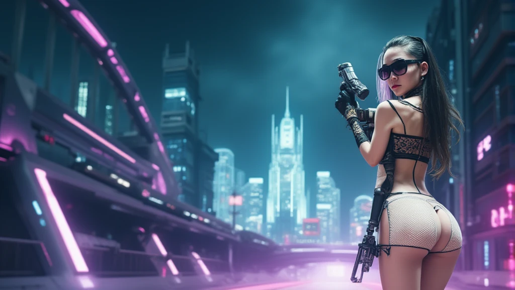 (Wide angle view). Blade Runner style futuristic city, simple outlined transparent neon tall buildings, glowing giant clock tower, flying cars, helicopter, lightning, 3D rendering Beeple. At night, (1girl, solo, alone), photorealistic, medium-?????? slim:0.6 body, oval:0.6 face, cleavage:1.1, ???? black laced bra, glove, deep-V, (very low angle view of miniskirt), white laced ?????, coat, (Matrix style black micro sunglasses), ((aiming viewer with a short gun)), (running pose), (half-body thigh level close-up shot), cinematic lighting, ray tracing.