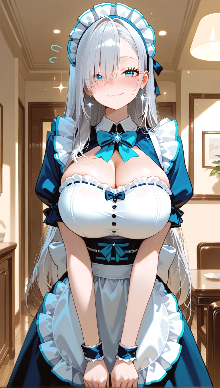 (????)、(????????????)、8K、best image quality、ghibli anime、best illustrations:1.4、super detailed explanation、Bright colors、two dimensional maid、(old fashioned maid uniform、Black and white two-tone)、(stinky eyes)、(Detailed facial depiction、Detailed description of the eyes、Detailed depiction of clothing、???????????? that are about to burst)、(open your mouth a little)、(drool from the mouth:1.2)、(gray hair、Very Longhair)、(A bright and reassuring smile:1.3)、(18th century western architecture、courtyard、Full of houseplants、rococo table)、A face with bright eyes、the best beauty、So cute、glamorous、??????