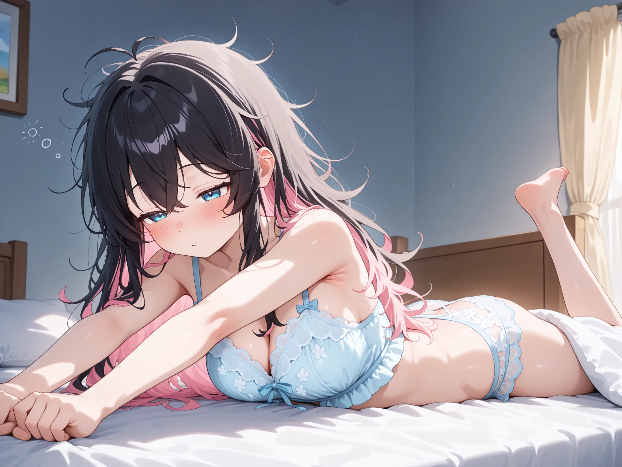 ????, Hide your hands behind your back、Sit on the bed、Spread your legs、????? Focus、girl, 16 years old, Troubled face、Bra and panties、Background Health Room、Looking into the camera