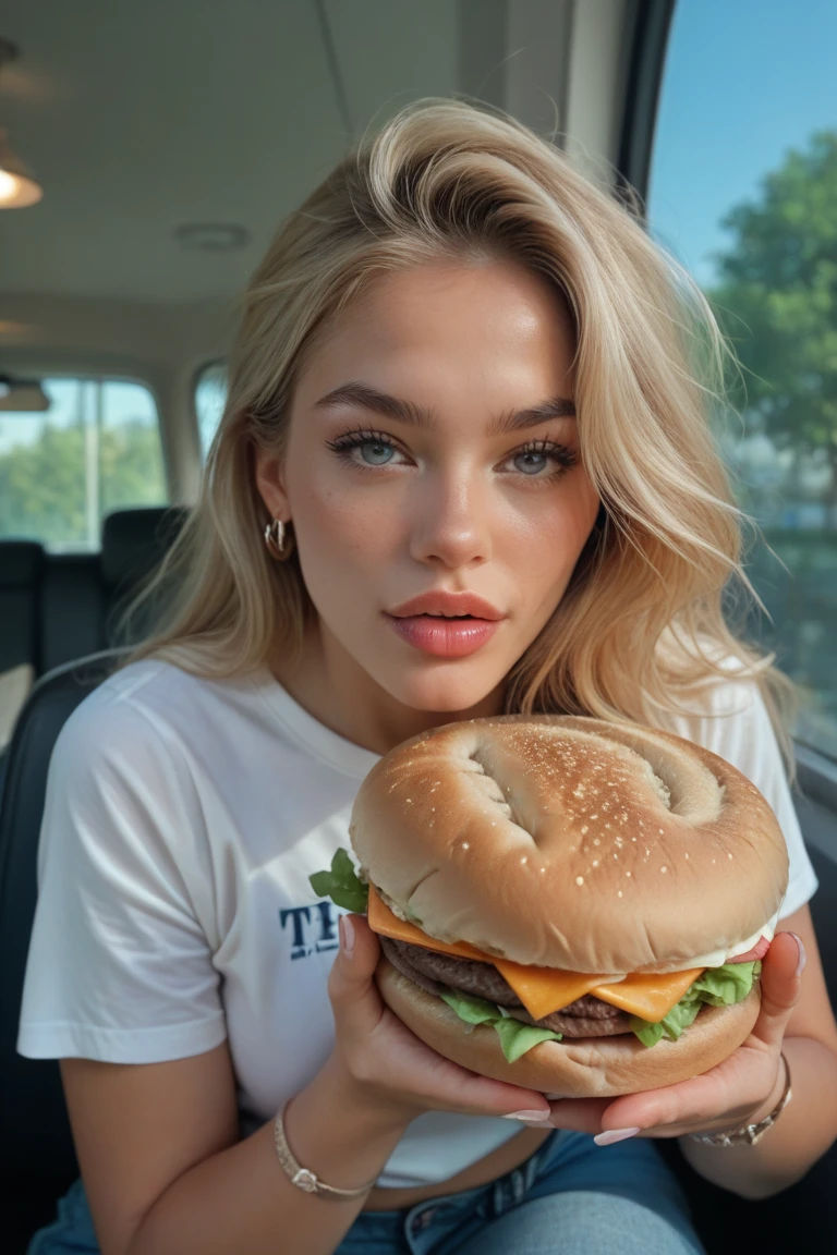 Araffed woman in a yellow outfit holds a hamburger in the room, In the spirit of Elsa Bleda, in style of Petra Collins, dressed Anya Taylor - Joy, Anya Teylor-Joy, Anya Taylor - Joy, yelena belova, Anya Taylor Joy, 2, 4 year old girl model, Sydney Sweeney, Petra Collins, Victoria Havrylenko