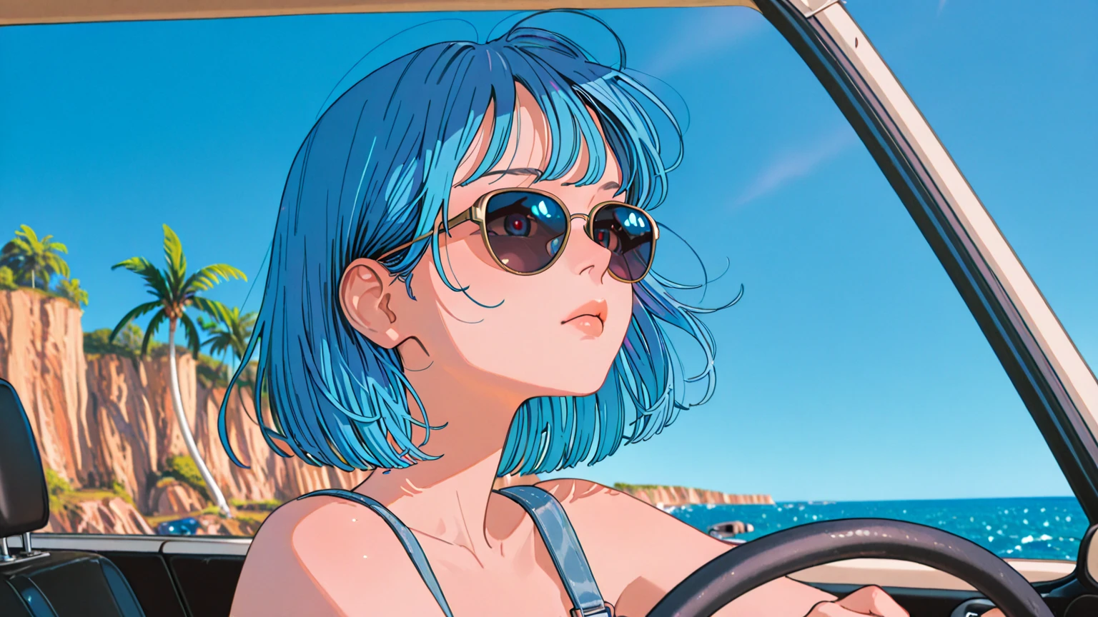 masterpiece, Highest quality, Rainbow Style, anime, Beautiful Asian Girl,  Sitting in a car, 80s American hippie style, Along the Hawaiian Coast, Cute and dreamy,anime,Illustrator,LOFI Girl,