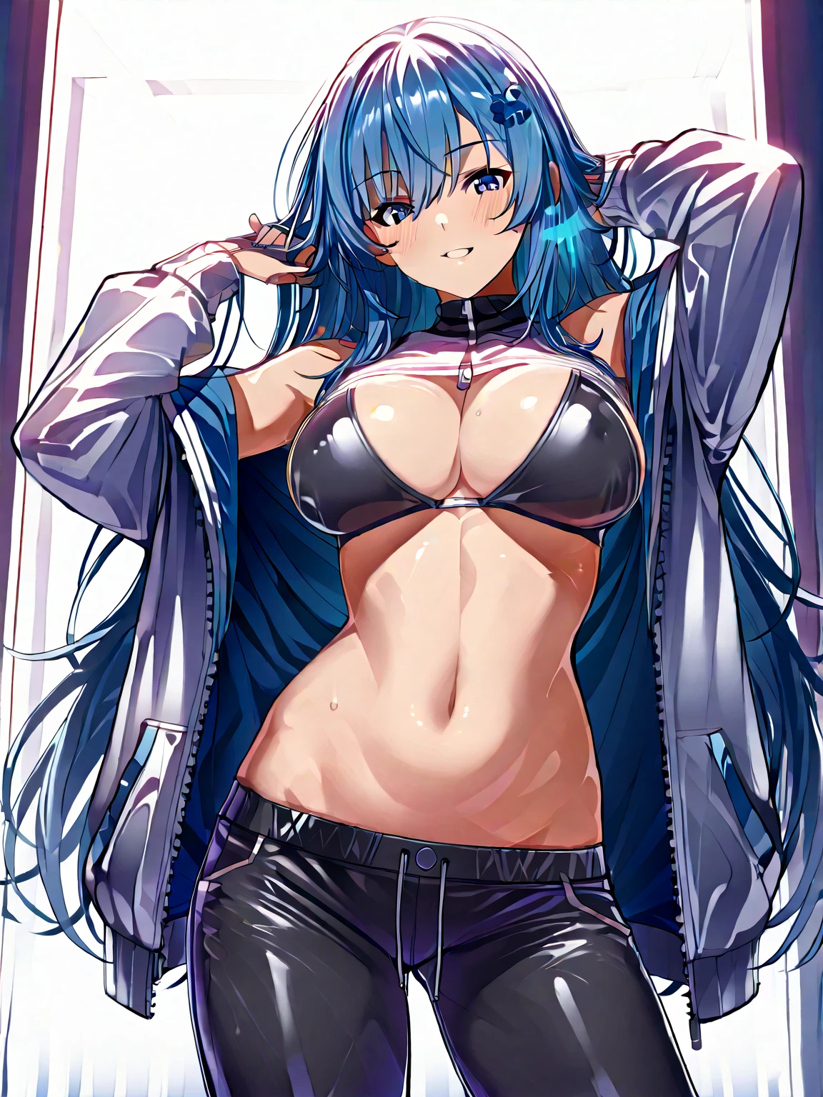 score_9,score_8_up,score_7_up, kasumi miwa, blue hair, medium breasts, 20-year-old, (sleeveless), latex bra, latex pencil skirt, cum,( cowboy_shot), 