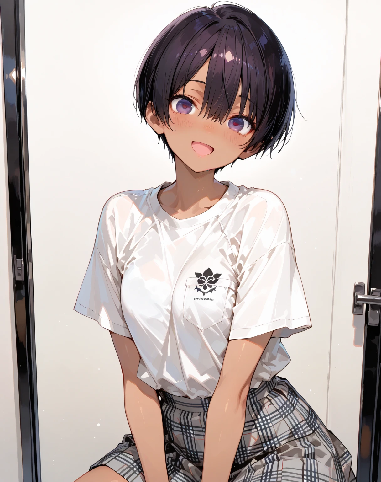 Residential Street,girl,smile,Standing,Put your hands behind your back,close your eyes,1 ,boyish.Two-block shorthair,Black Hair,blush,White T-shirt,Olive green shorts,Brown Sandals,White skin,summer,From below,Open your hands,shy,Sweat,Grin,peace sign