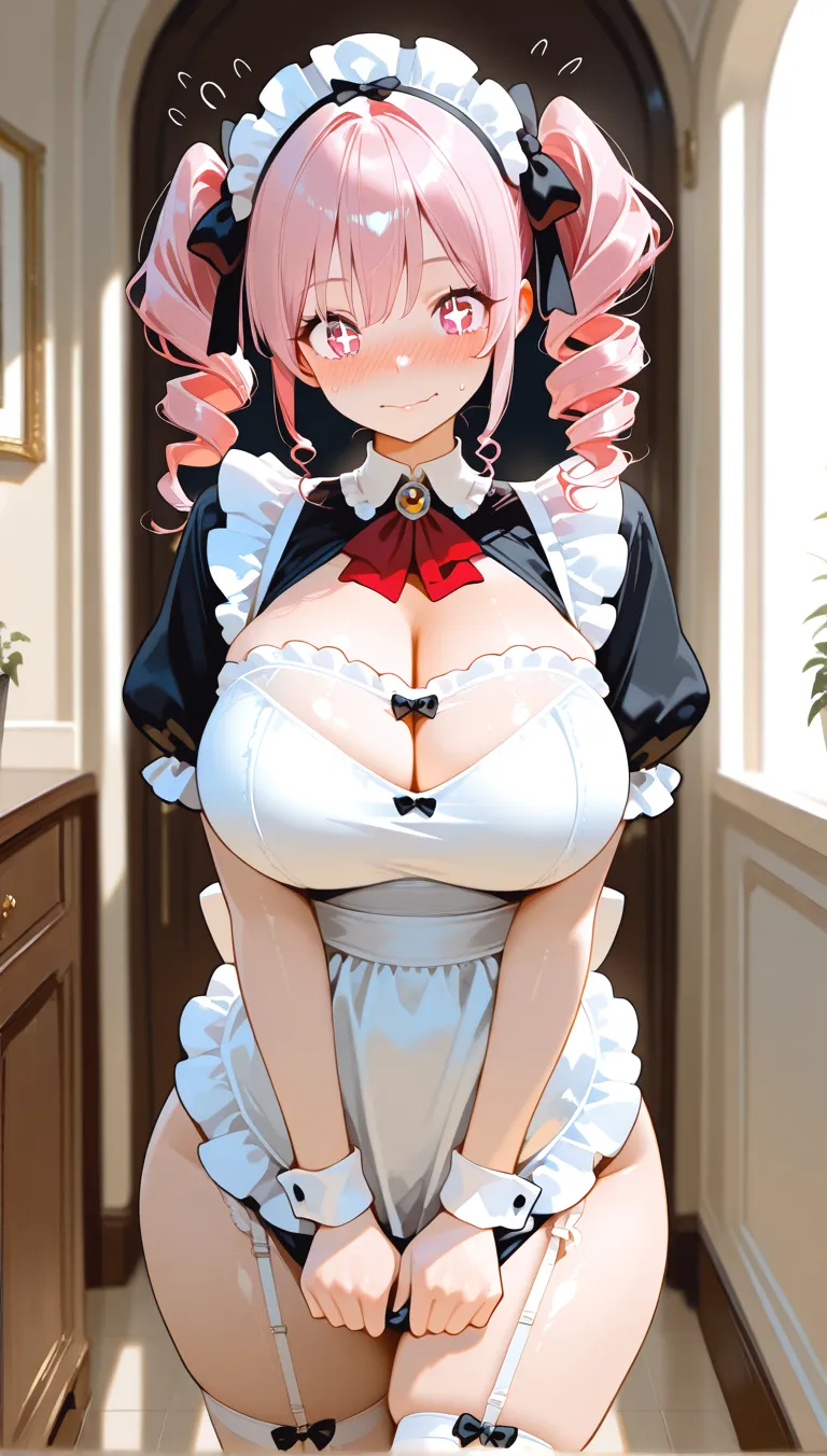 masterpiece, best quality, 1girl, (pink hair, long hair, detailed hair, cat ears, pink eyes:1.3), cute, (horny eyes, heavy blushing, excited, extremely horny face:1.1), bedroom, (black hair ribbons, black and white gothic dress:1.2), (topheavy, gigantic breasts, bursting breasts, curvy, slim waist, bottomheavy, thick thighs, wide hips:1.2)