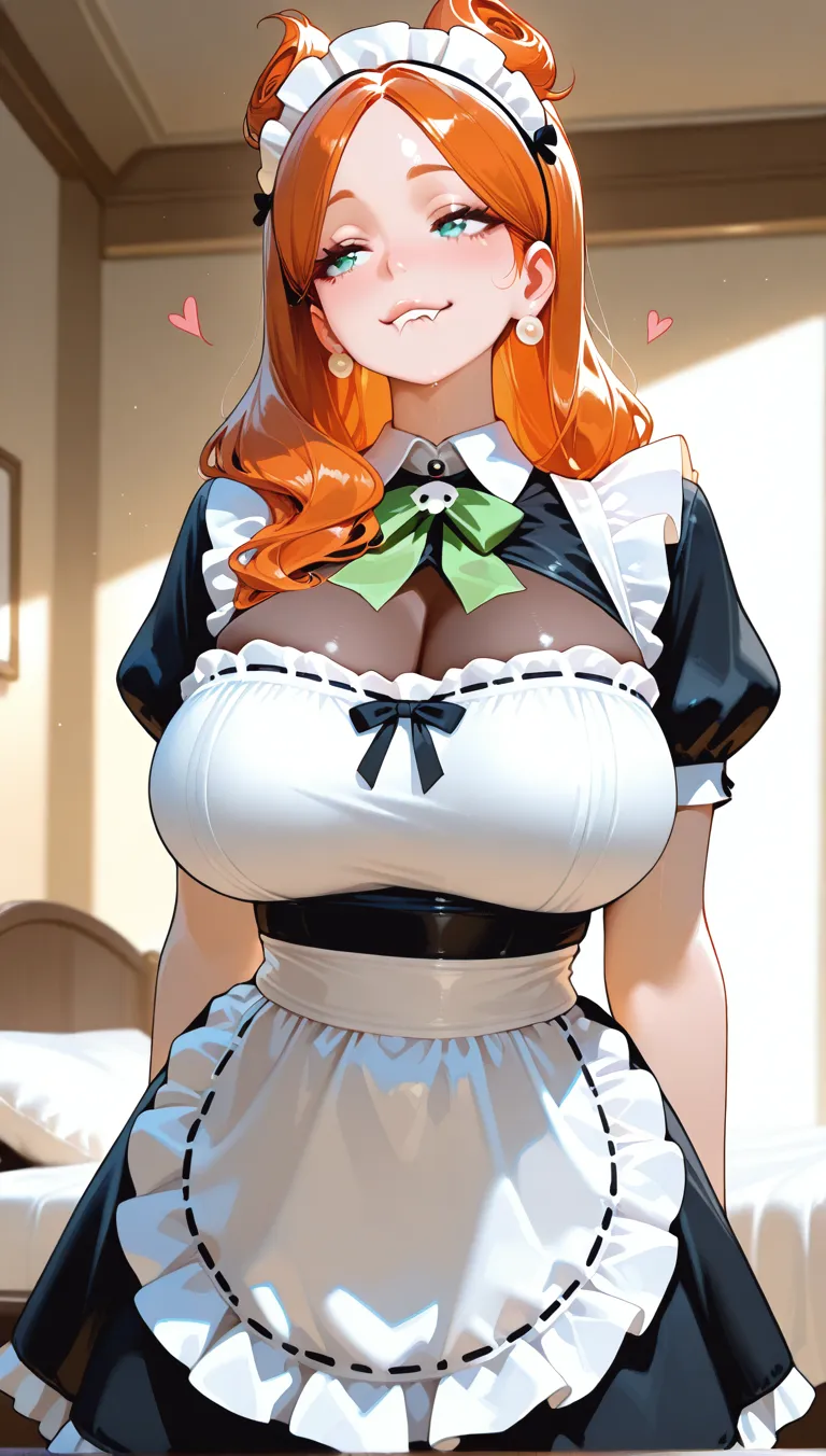 /draw apron orange_hair green_eyes ??????? ???????_out couch dress female frills gloves highres koruse large_??????? long_hair looking_at_viewer lying maid maid_apron maid_headdress no_panties original solo gloves black pantyhose lifts her skirt and shows her ??? in pantyhose HD UHD HQ