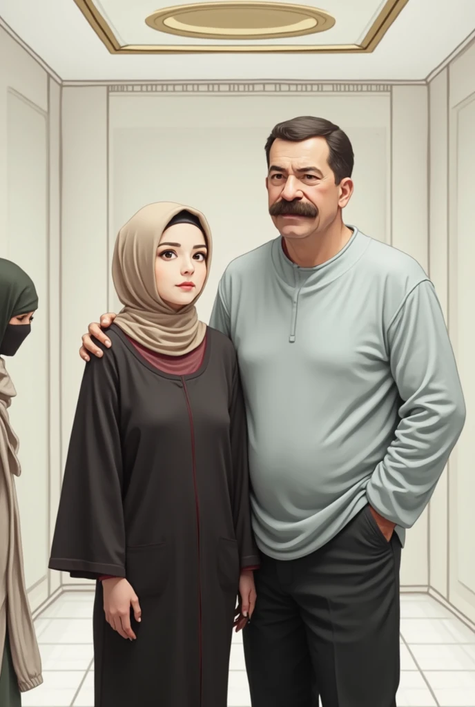 Pale skin kurdish woman  straight tight tied hijab  shoulder  arm breasts talking with a three black man in luxury room