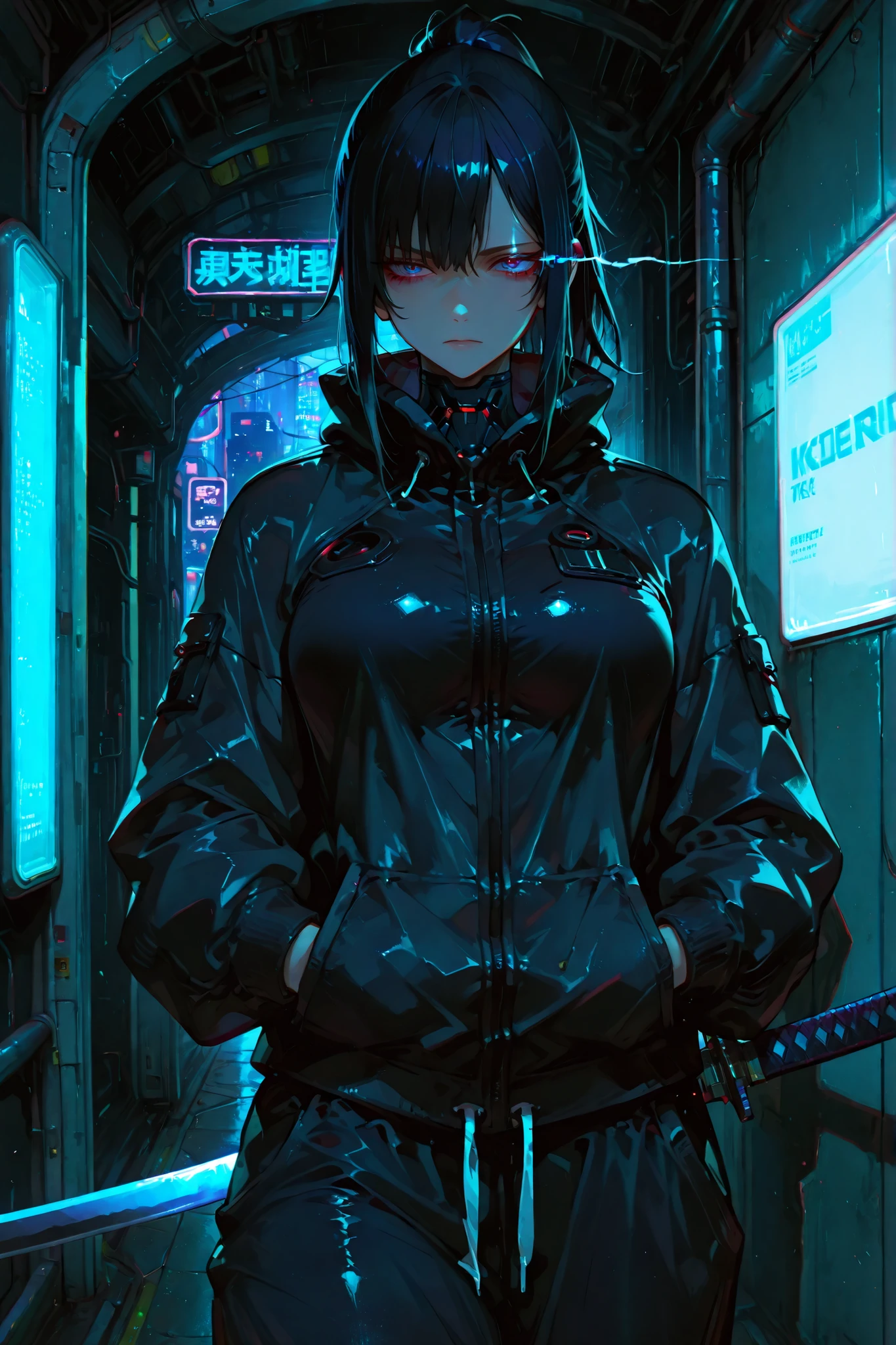748cmstyle, 1girl, solo, medium black hair, ponytail, dark blue eyes, eye trail, jacket, sweatpants, black jacket, black sweatpants, alleyway, hands in pockets, medium breasts, fit, adult, serious expression, frontview, cyberpunk city, katana at side, futuristic katana