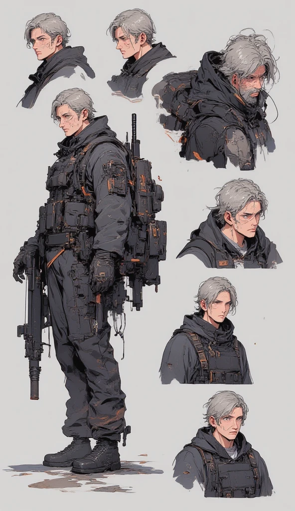 1man, matching outfits, (fantasy character sheet, front, back, side, rear), dwarf, stout, weathered face, thick beard. Deep-set brown eyes, wise and resilient expression. Muscular build, compact height. Practical wilderness clothing, sturdy backpack, essential supplies. (masterpiece:1.2), (best quality:1.3).