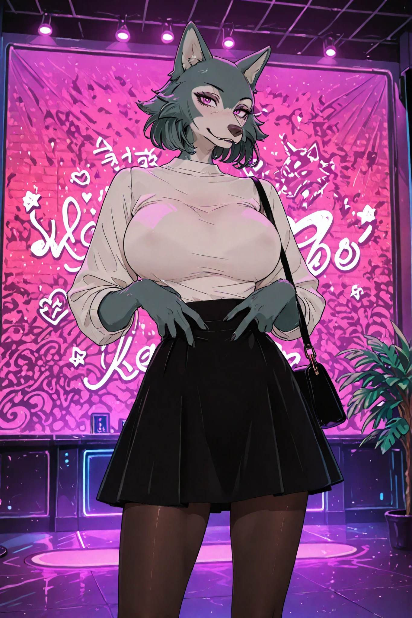 anthro, wolf, nightclub, big breasts, handbag, looks at the viewer, posing game, short black skirt, long tights,