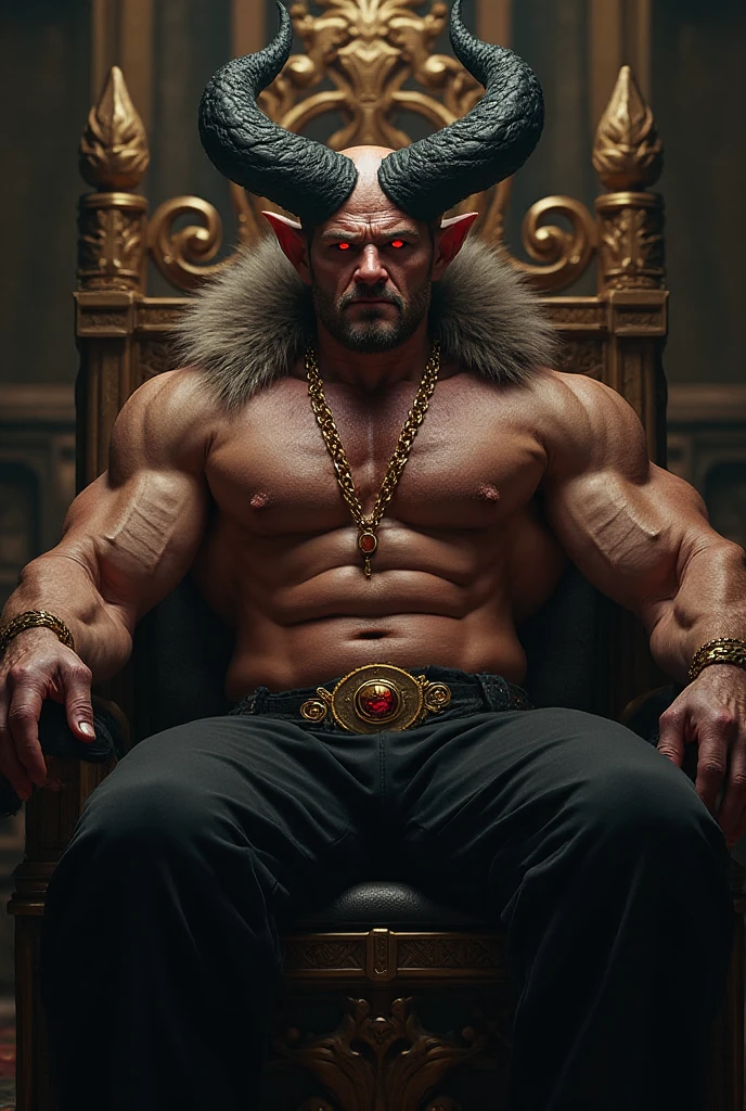 A young demon with curved black horns with red eyes, ultra-muscular ...