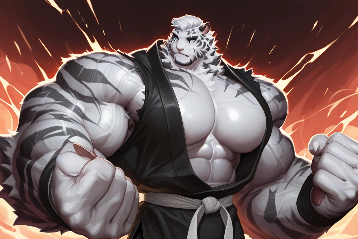 (sfw:1.5), male focus, pharmacist, Handsome 1boy, solitary，protrait photo，single, (Black nails, Black claws, White feet, White feet底板:1.4), White hair, White skin, (Black tiger stripe:1.5), (Black tiger stripes on arms, Black tiger stripes on legs, Black stripes on arms, Black stripes on legs:1.4), (White tail:1.3), White Teeth, (White fangs, Exquisite fangs, Perfect fangs:1.5), Delicate teeth, Perfect Teeth, (Perfect red eyes:1.4), (White body:1.3), 
White Tiger, White Tiger, dragon boy, dragon body, feet, (evil eyes, big eyes, large eyes:1.4), (Chubby, The body is huge, Larger face:1.3), Human feet, (Four toes:1.4), 
(Red cloth wrapped around the crotch, Red Cape:1.4), (:1.1), 
(full body:1.2), Front view, (Middle-aged men, Mature men:1.4), (Strong body, muscle,Strong male, muscle男,  chest muscles:1.3), Red , (Abdominal muscles:1.4), belly button, ( legs, Strong and strong legs, Strong legs，  arm, Thick arms:1.3), (Sitting, Sitting:1.3), (Looking at the audience, Focus, Eyes gaze:1.1), enjoy, (evil smile, evil grin, Smirk, evil smile, Evil smile:1.5), (Raise a hand, Holding red potion in hand:1.4), 
full background, Stone brick floors, Stone Wall, indoor, (Potion Rack, Wooden frame, Pharmacy potion bottle:1.2), night, Candle,, Dim environment,
Mysterious and romantic atmosphere, Caustic lines(refraction, polarization)Perfect anatomical structure, absurd, Detailed background, (Delicate eyes:1.3),Printing style。((artist:Takemoto Arashi))