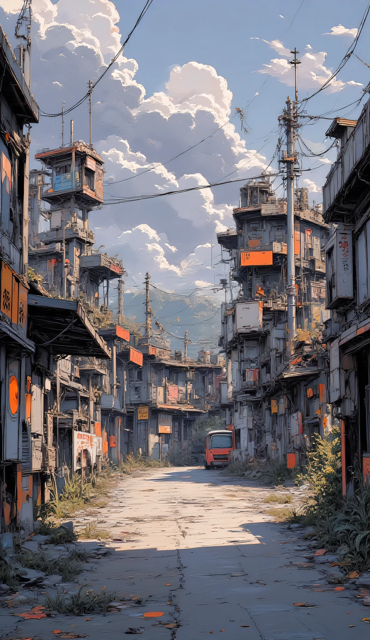 Abandoned city checkpoint, rusted barricades, collapsed guard towers, warning signs with faded paint, weeds breaking through cracked asphalt, destroyed vehicles, dramatic sky, fog and dust, anime background, cinematic urban ruin, high detail concept art.