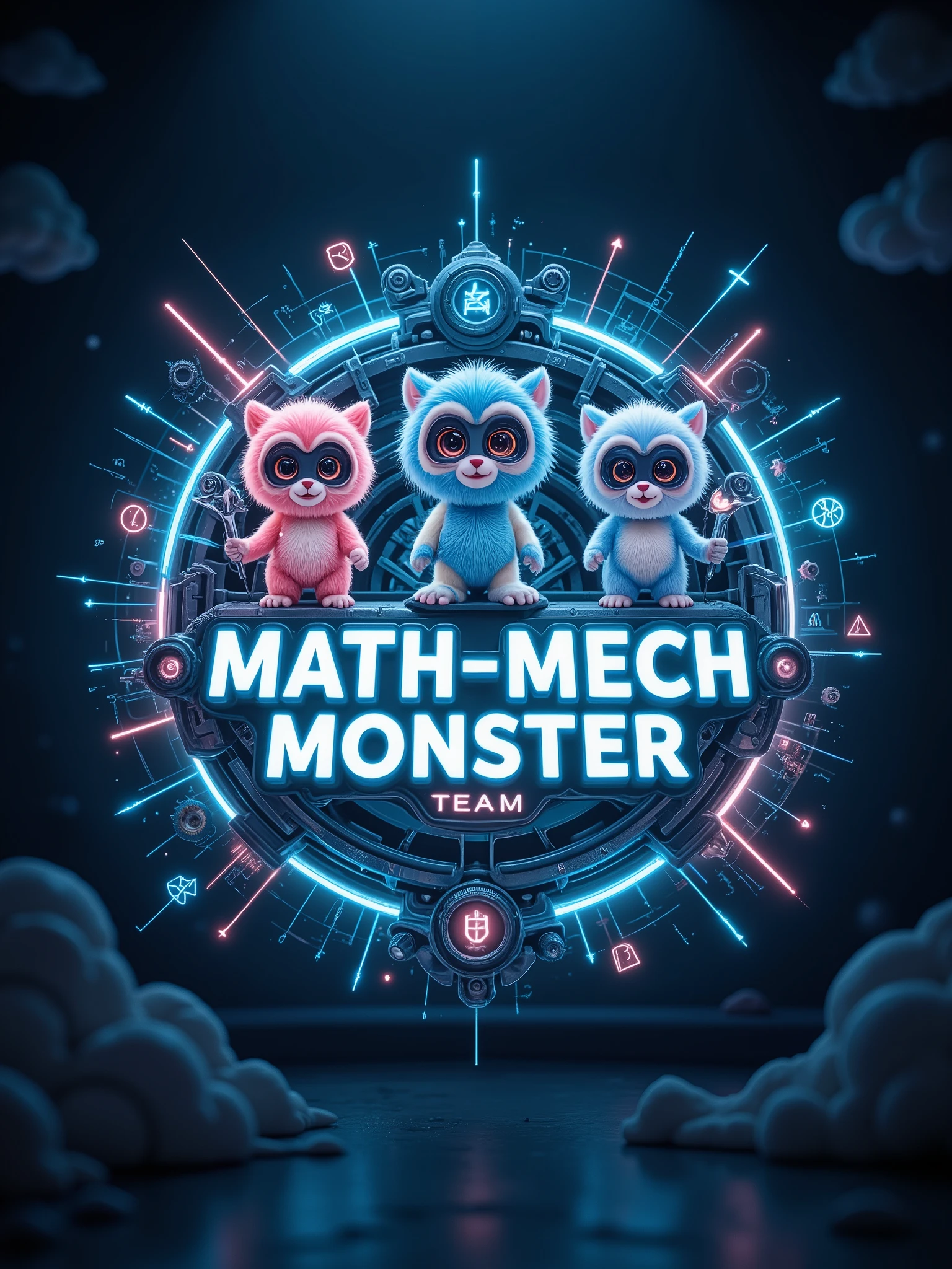 A futuristic and dynamic team logo for "Math-Mech Monster Team" with a blend of mechanical and mathematical elements. The background is a deep blue gradient with subtle hints of black, creating a high-tech and mysterious atmosphere. In the center, the team name "Math-Mech Monster Team" is prominently displayed in bold, modern white font with a slight glow effect. Surrounding the name are intricate mechanical gears, springs, and pistons interwoven with mathematical symbols like π, Σ, and ∫, as well as coordinate axes and function graphs. The mechanical and mathematical elements are connected by glowing lines or beams, symbolizing their integration. Adding to the design are three cute, playful, and fluffy little monsters with exaggerated features, like big eyes and tiny limbs. One fluffy monster is holding a gear, another is holding a mathematical symbol (like π), and the third is holding a small wrench. Each monster has a soft, fuzzy texture, adding a touch of whimsy and fun. The overall design should convey a sense of innovation, collaboration, and perseverance, with a playful and creative vibe.