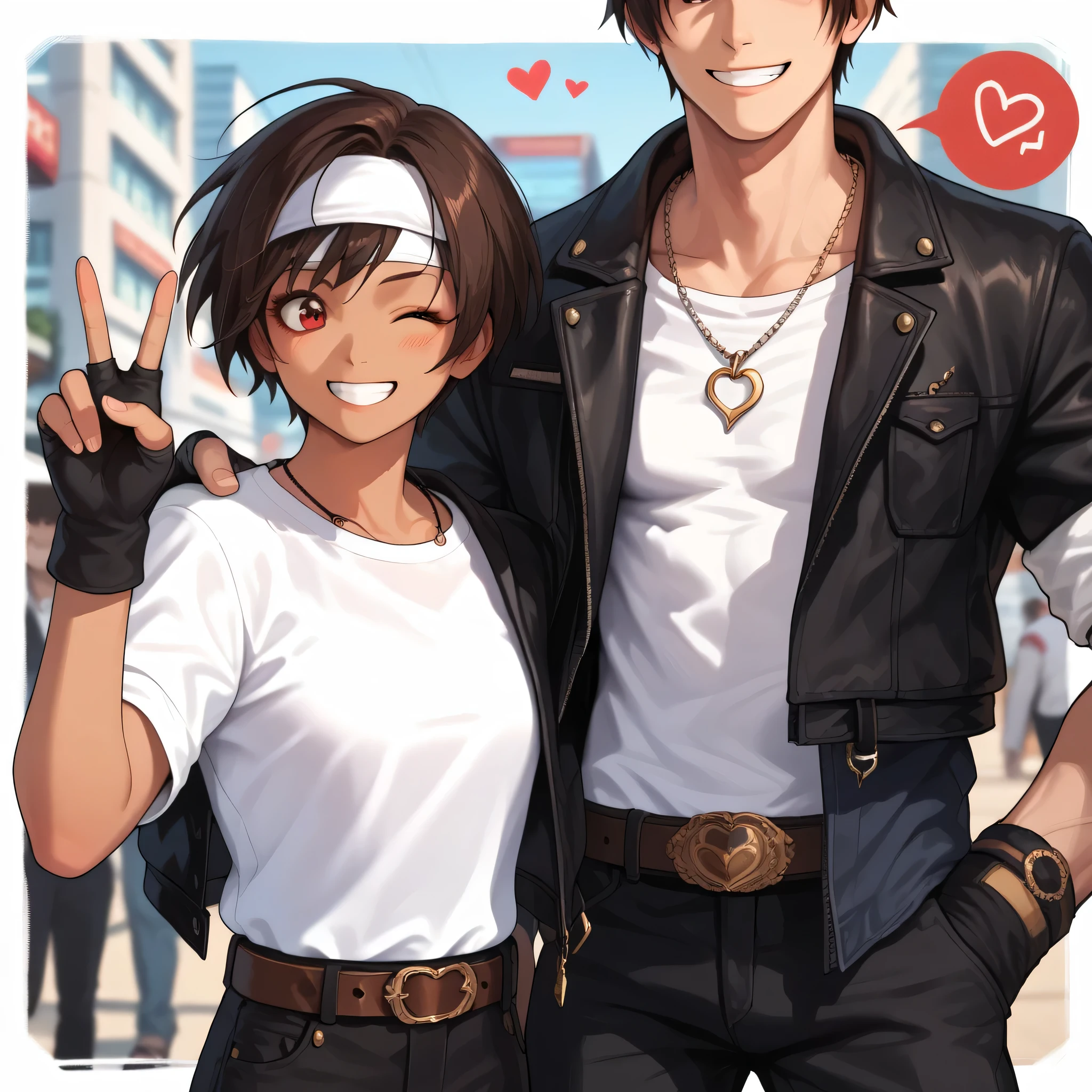 the best quality, excellent quality, (circular frame 1.7), Man and woman, 2 people, short black hair, Red Eyes, brown skin, (an eye closed), Happy appearance , smiling, peace sign, (Black jacket with open sleeves), Black fingerless gloves, white t-shirt, (white headband), long black pants, collar, brown belt, heart, ICON, circular frame ,