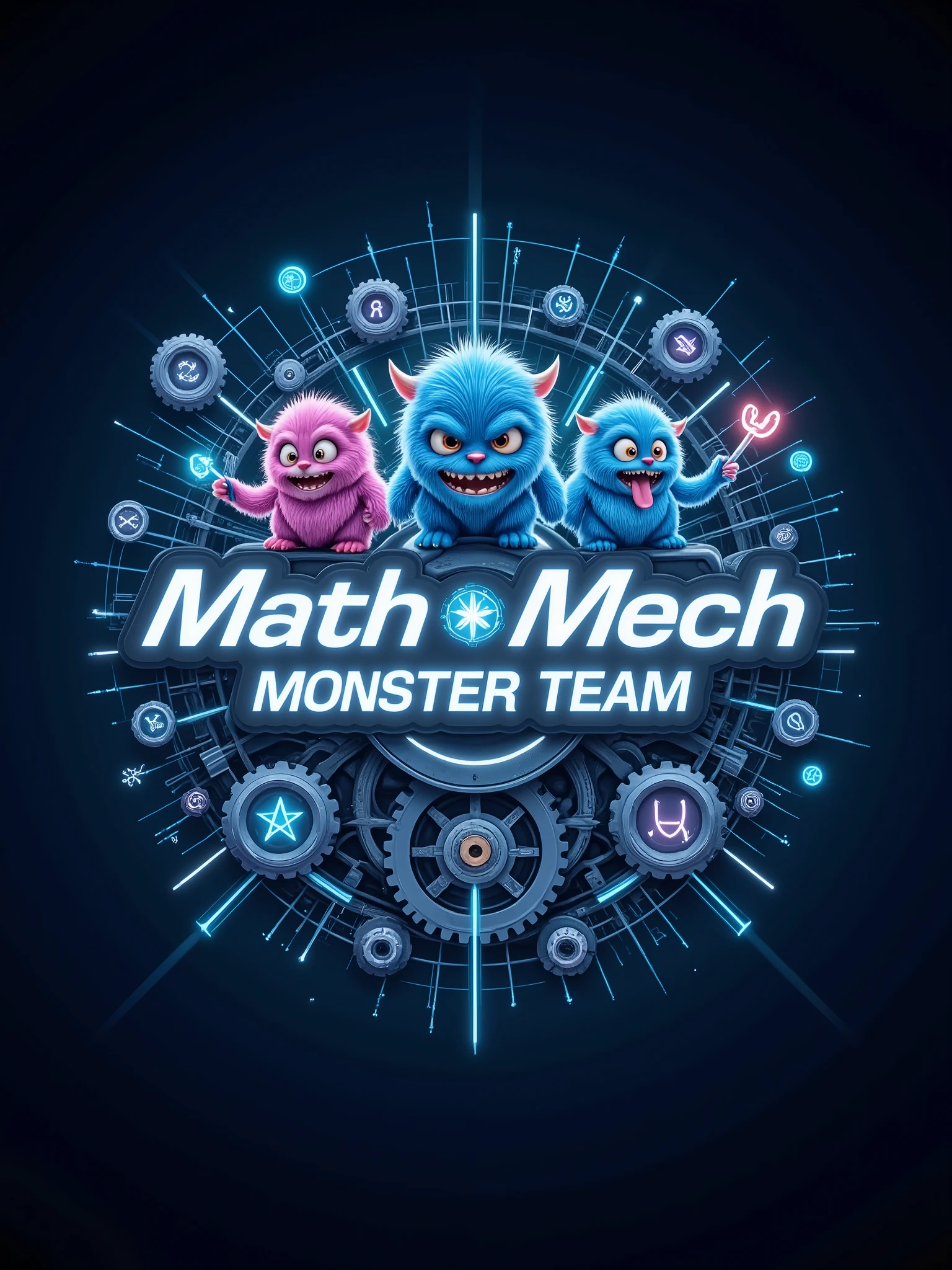 A futuristic and dynamic team logo for "Math-Mech Monster Team" with a blend of mechanical and mathematical elements. The background is a deep blue gradient with subtle hints of black, creating a high-tech and mysterious atmosphere. In the center, the team name "Math-Mech Monster Team" is prominently displayed in bold, modern white font with a slight glow effect. Surrounding the name are intricate mechanical gears, springs, and pistons interwoven with mathematical symbols like π, Σ, and ∫, as well as coordinate axes and function graphs. The mechanical and mathematical elements are connected by glowing lines or beams, symbolizing their integration. Adding to the design are three cute, playful, and fluffy little monsters with exaggerated features, like big eyes and tiny limbs. One fluffy monster is holding a gear, another is holding a mathematical symbol (like π), and the third is holding a small wrench. Each monster has a soft, fuzzy texture, adding a touch of whimsy and fun. The overall design should convey a sense of innovation, collaboration, and perseverance, with a playful and creative vibe.