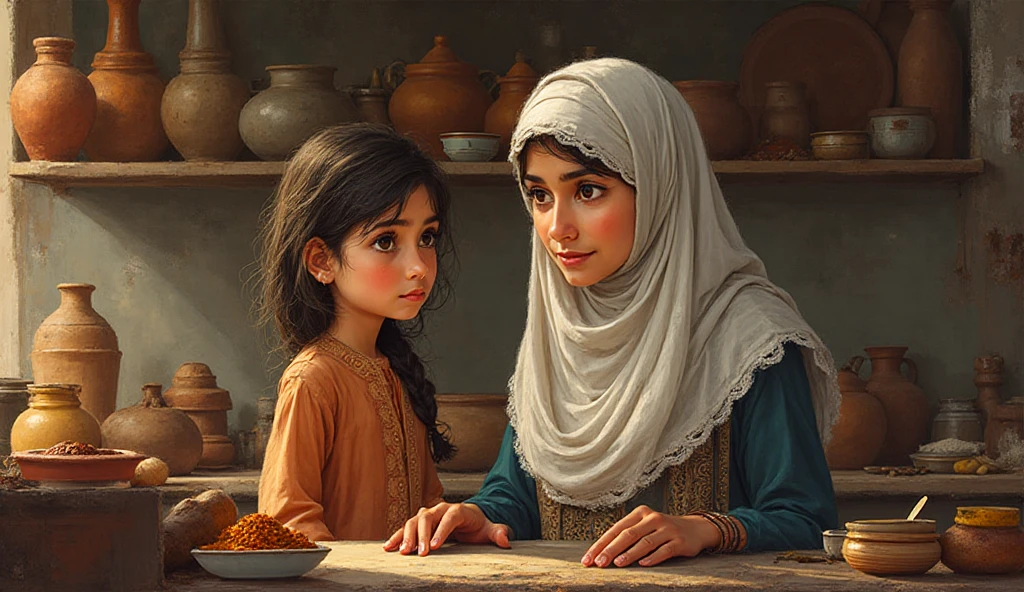 An ethiopian muslim women washing dishes in the kitchen  wearing dress and an arab  playing in the ground and  also there is an arab mom(boss) wearing great dress  talking on phone