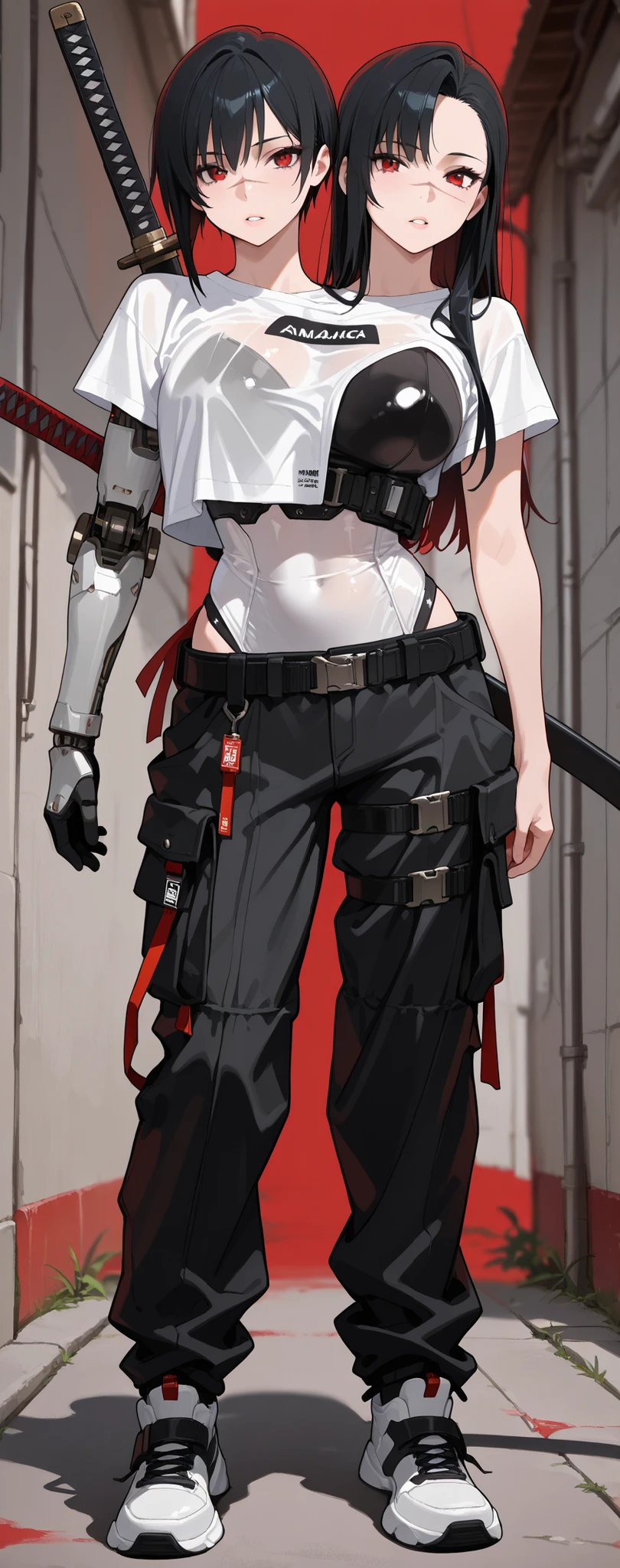 conjoined, 2girls, 2heads, two heads, a tall thin girls with 2 heads, black hair, single sidelock, long hair, short hair, red eyes, scar on nose,, black leotard, black pants, baggy pants, pocket, mechanical leotard, white shirt, short sleeves leotard, crop top shirt, cowboy shot, standing, katana on back, looking at viewer, eyelashes, parted lips, mechanical arms, red background, simple background, techwear, thigh belt, belt, long hair,, (masterpiece, best quality, amazing quality, detailed background, intricate details,intricate,absurdres, very aesthetic:1.2),