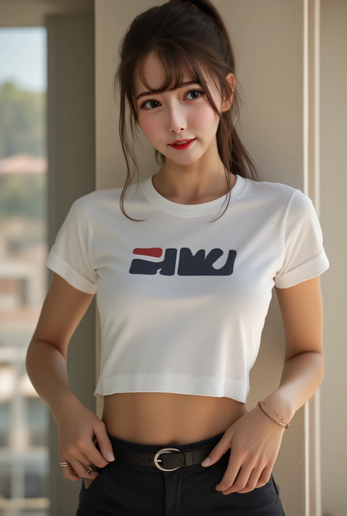 ariana grande, beautiful, brown crop top with lettering, white shorts, posing by the window, big breasts