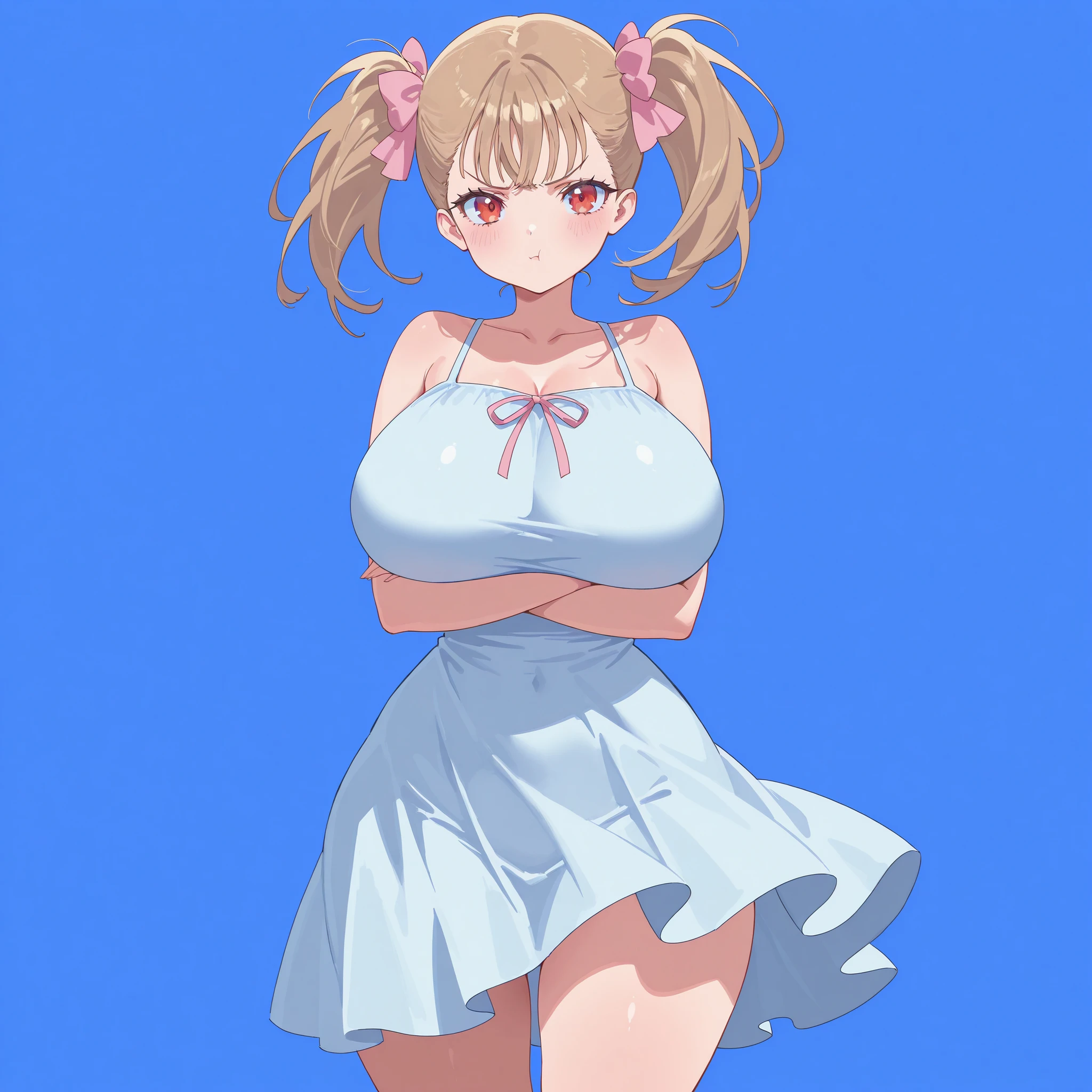 masterpiece, ultra-HD, impressionism, high detail, best quality, very aesthetic, 8K, best quality, beautiful, ultra-high resolution, 32K UHD, 1girl, solo, Rumi, light brown hair, twin pigtails, middle bangs, hair ribbons, pink ribbons, red eyes, eyelashes, , narrow waist, wide , thick thighs, shapely legs, slim, sky blue sundress, shoulders, blushed, blushed, pout, cute, crossed arms, standing, looking at the viewer, simple background, front view