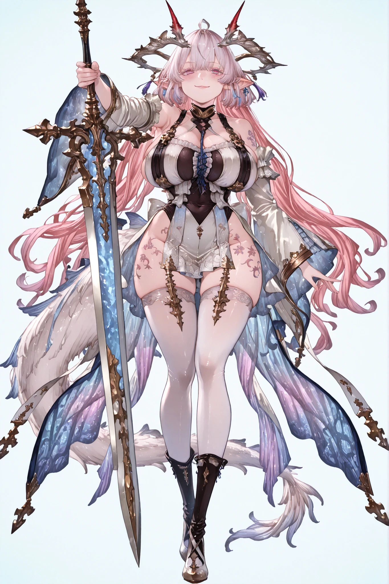 8k wallpaper、 top quality 、masterpiece、 748cm スThailandル 、 woman 1 person 、ribbon 、 pantyhose、 black knee socks 、 strap 、 Thailand、 skirt、 pantyhose、、 white hair with blue lines、pink albino eyelashes 、 long hair、 Underbob 、blue eyes with pink pupils、 Pretty pink Eyes、 golden tattoo on the hips、Protruding thighs 、 very big breasts 、 Light blue background 、fullbody, head to toe, simple background、smile、 mommy, thin body, long legs, high detail, standing up, making a cute pose with her hands, pointy ears, blush on her cheeks, cute Wamdus dress with alot of detail, red horn, ,facing at the camera, fullbody, head to toe, showing feet, granblue fantasy wamdus, pelvic curtain dress, sidboob dress, back mermaid tail dress, detailed design, #Anime
#Character Wamdus, #Game Character, #granblue fantasy, gbfwam, long pink hair with pastel lavanda on the tip, animal ears, ahoge, lavanda eyes, + Chichiri Granblue Fantasy +, pink flower-shaped pupils, wamdef, all shiny white dress with gold details with pink and pastel lavanda colors, bare shoulders, sleeveless, waist bow, open coat, gold trim, detached sleeves, wide sleeves, long legs, pelvic curtain, white thighhighs with patterns, dress with patterns., holding a sword, long slim model legs and body, tiny waist, huge breasts, long legs, wings on her head and back, long sleeve up, model girl, very long white tail of the dress with alot of layers of fabric, pelvic curtain skirt, prisma color dress, curvy waist, albino pinkish body