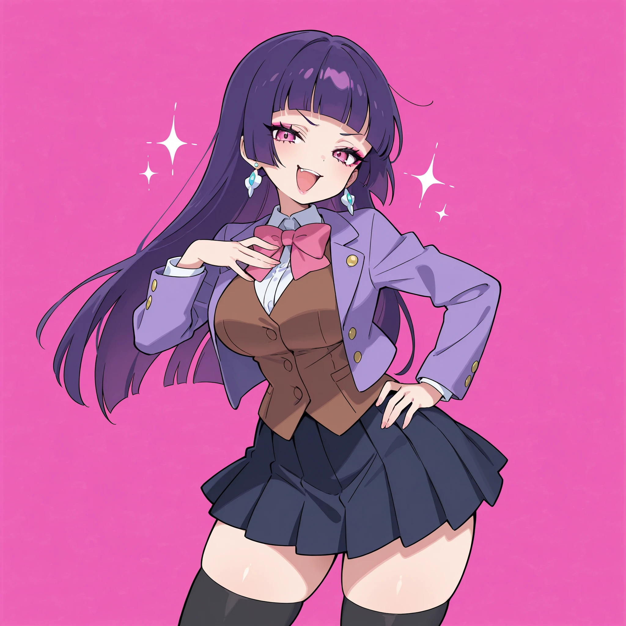 masterpiece, ultra-HD, impressionism, high detail, best quality, very aesthetic, 8K, best quality, beautiful, ultra-high resolution, 32K UHD, sugimorixd, 1girl, solo, long purple hair, blunt bangs, hime cut, almond-shaped eyes, pink eyes, eyelashes, eyeliner, makeup, pink lips, big breasts, narrow waist, wide hips, thick thighs, shapely legs, slim, white buttoned shirt, shirt collar, purple jacket, pink bowtie, brown waistcoat, black thigh high socks, navy blue pleated skirt, earrings, blushed, smirk, smug, laughing, open mouth, cute, ojou-sama pose, hand on hips, standing, looking at viewer, simple background, from the front view