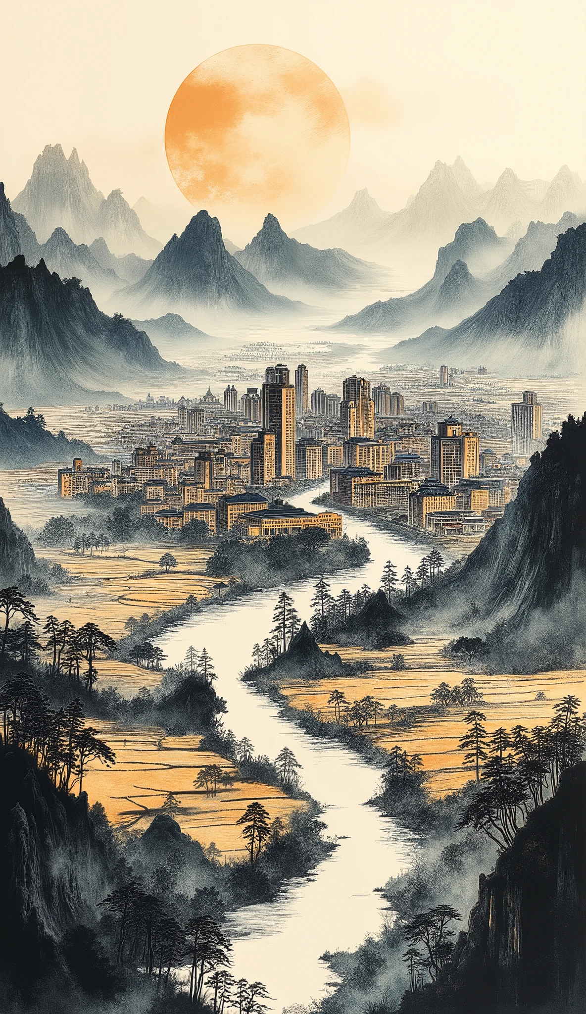 A panoramic ink painting,depicts the city of Lingnan integrated into the surrounding natural environment, Such as rice fields , Mountains, Waterways . shows the harmonious relationship between the built environment and landscape . uses various inks to create a sense of depth and perspective .