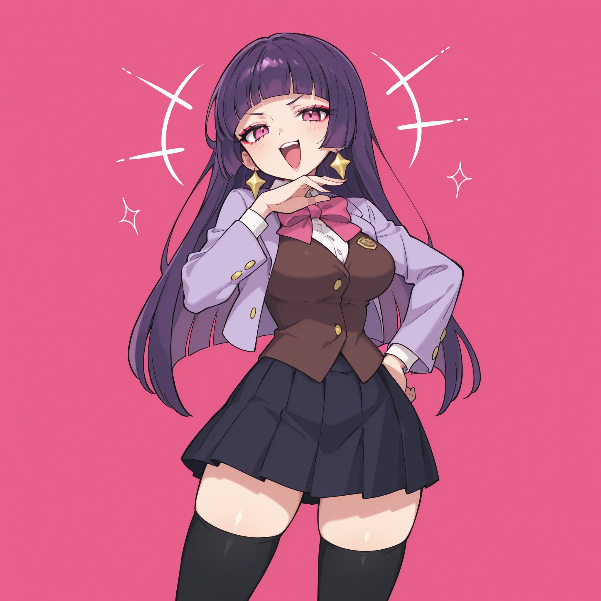 masterpiece, ultra-HD, impressionism, high detail, best quality, very aesthetic, 8K, best quality, beautiful, ultra-high resolution, 32K UHD, sugimorixd, 1girl, solo, long purple hair, blunt bangs, hime cut, almond-shaped eyes, pink eyes, eyelashes, eyeliner, makeup, pink lips, big breasts, narrow waist, wide hips, thick thighs, shapely legs, slim, white buttoned shirt, shirt collar, purple jacket, pink bowtie, brown waistcoat, black thigh high socks, navy blue pleated skirt, earrings, blushed, smirk, smug, laughing, open mouth, cute, ojou-sama pose, hand on hips, standing, looking at viewer, simple background, from the front view