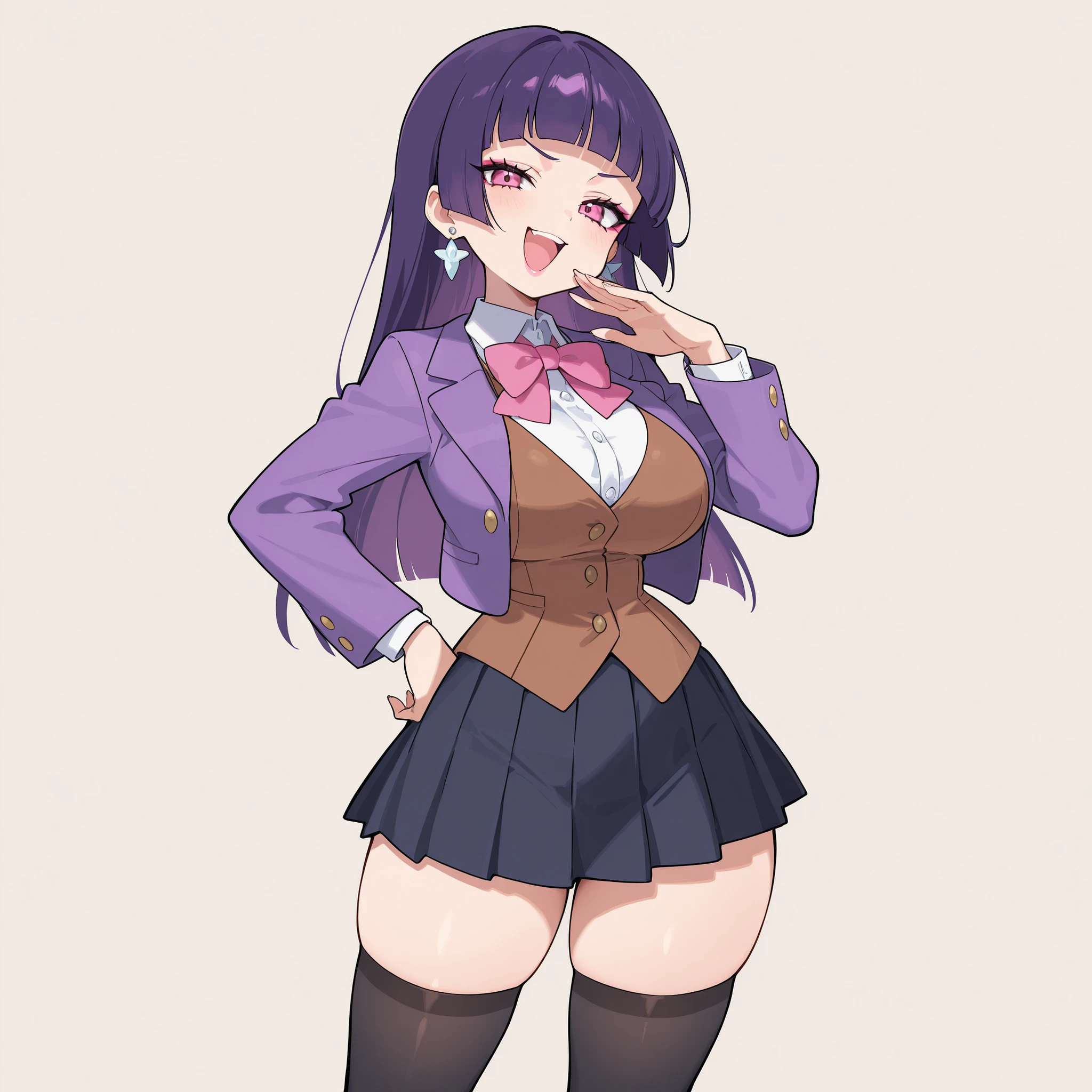 masterpiece, ultra-HD, impressionism, high detail, best quality, very aesthetic, 8K, best quality, beautiful, ultra-high resolution, 32K UHD, sugimorixd, 1girl, solo, long purple hair, blunt bangs, hime cut, almond-shaped eyes, pink eyes, eyelashes, eyeliner, makeup, pink lips, big breasts, narrow waist, wide hips, thick thighs, shapely legs, slim, white buttoned shirt, shirt collar, purple jacket, pink bowtie, brown waistcoat, black thigh high socks, navy blue pleated skirt, earrings, blushed, smirk, smug, laughing, open mouth, cute, ojou-sama pose, hand on hips, standing, looking at viewer, simple background, from the front view