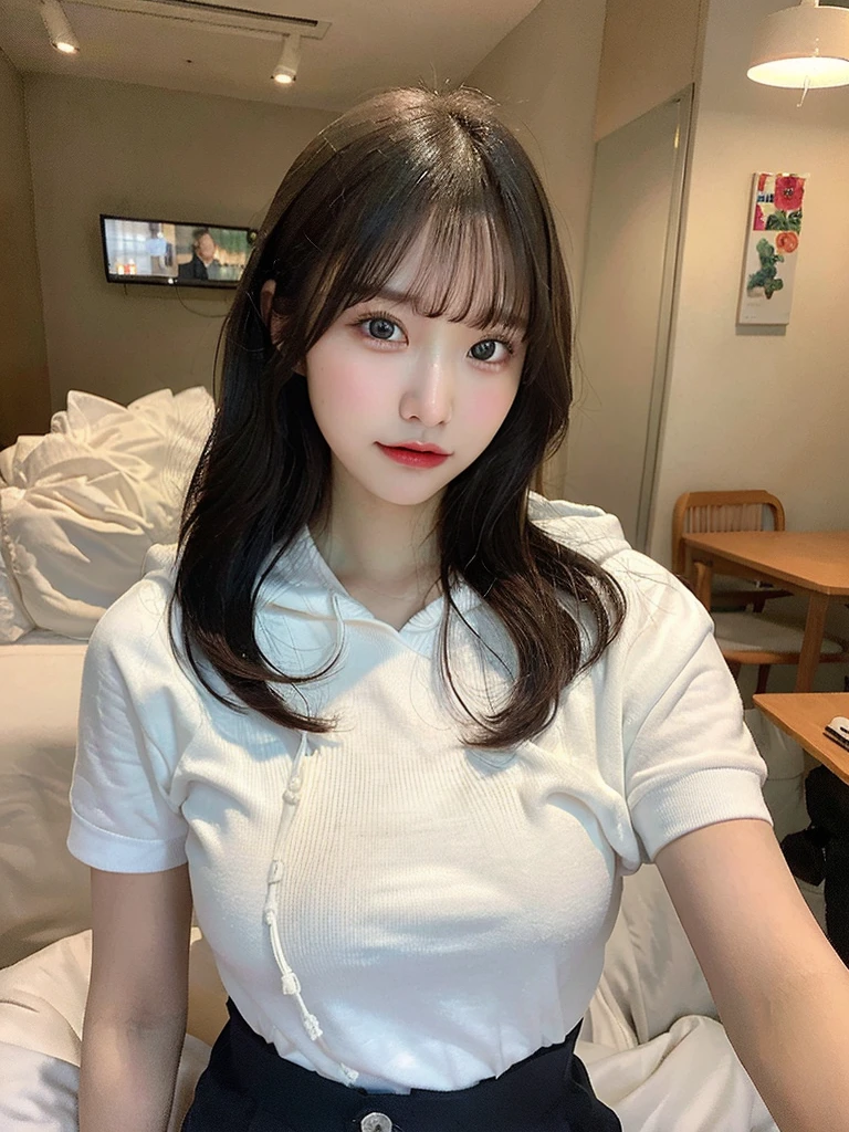 ((Best picture quality, 8K, tmasterpiece: 1.3)), self-shot, Sharp focus: 1.2, A cute beauty with a perfect figure: 1.4, Slim, ((Brown hair black)) , (whitet-shirt，pleatedskirt，Highly detailed face，Happy expression，standing on your feet：1.2），（（The city of blue skies，simple bedrooms：1.3. Produced with a major focus on women）），Highly detailed  and skin texture，Detailed eyes，二重まぶた