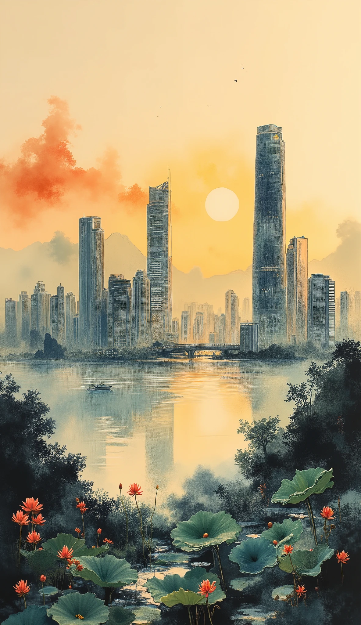 Shenzhen Bay,Skyscrapers,Urban agglomeration,Sea,bay,sunrise, in the morning,Warm sunlight,of lotus leaves,Overhead shot,Vision,shows the harmonious relationship between the built environment and landscape,(uses various inks to create a sense of depth and perspective:1.1),high quality,masterpiece after sex,Aesthetic,Invasion,2k,( Chinese style:1.1),ink painting,