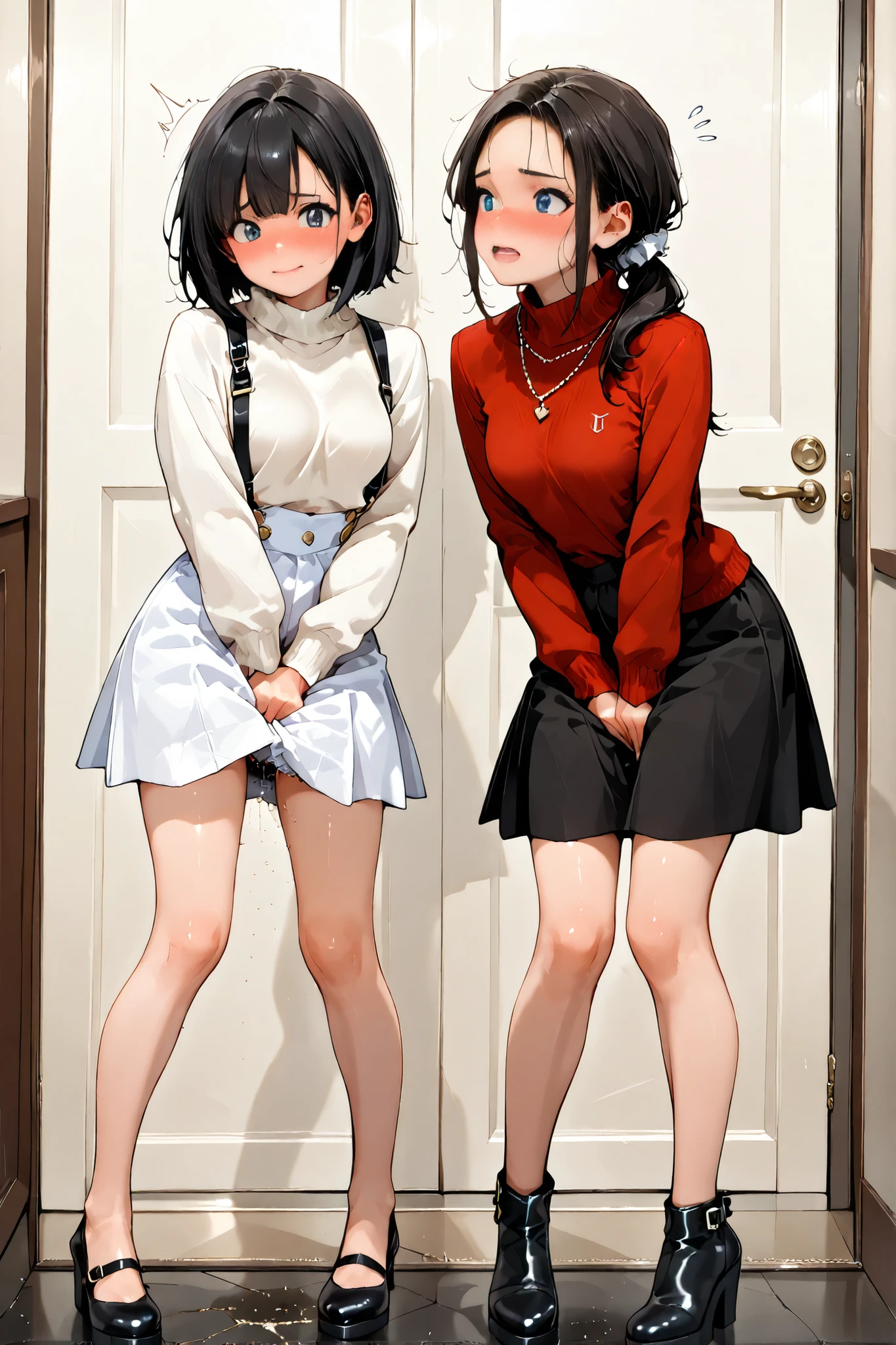 score_9, score_8_up, score_7_up, score_6_up, score_5_up, score_4_up, (extremely detailed and high-quality illustration), (best lighting effects, ultra-realistic), BREAK, two girls separated, waiting in line for bathroom, outside of bathroom door, beautiful medium breasts, shiny skin, attractive thighs, (black hair, low ponytail), (light brown turtleneck cashmere sweater, white suspender culotte skirt over skort, black wedge pumps, white scrunchie), BREAK, she forced to hold her pee, desperate to pee, trying her best to hold pee in, HOLD IN URINE, (expression of panic), expression of patience, blush, (squinting:0.7), (painful), (urgent in deep panting), (Impatience), (embarrassed), (humiliated), leaning forward, (arched back:1.2), (one hand between legs frantically hold her crotch:1.3), double-crossed legs,