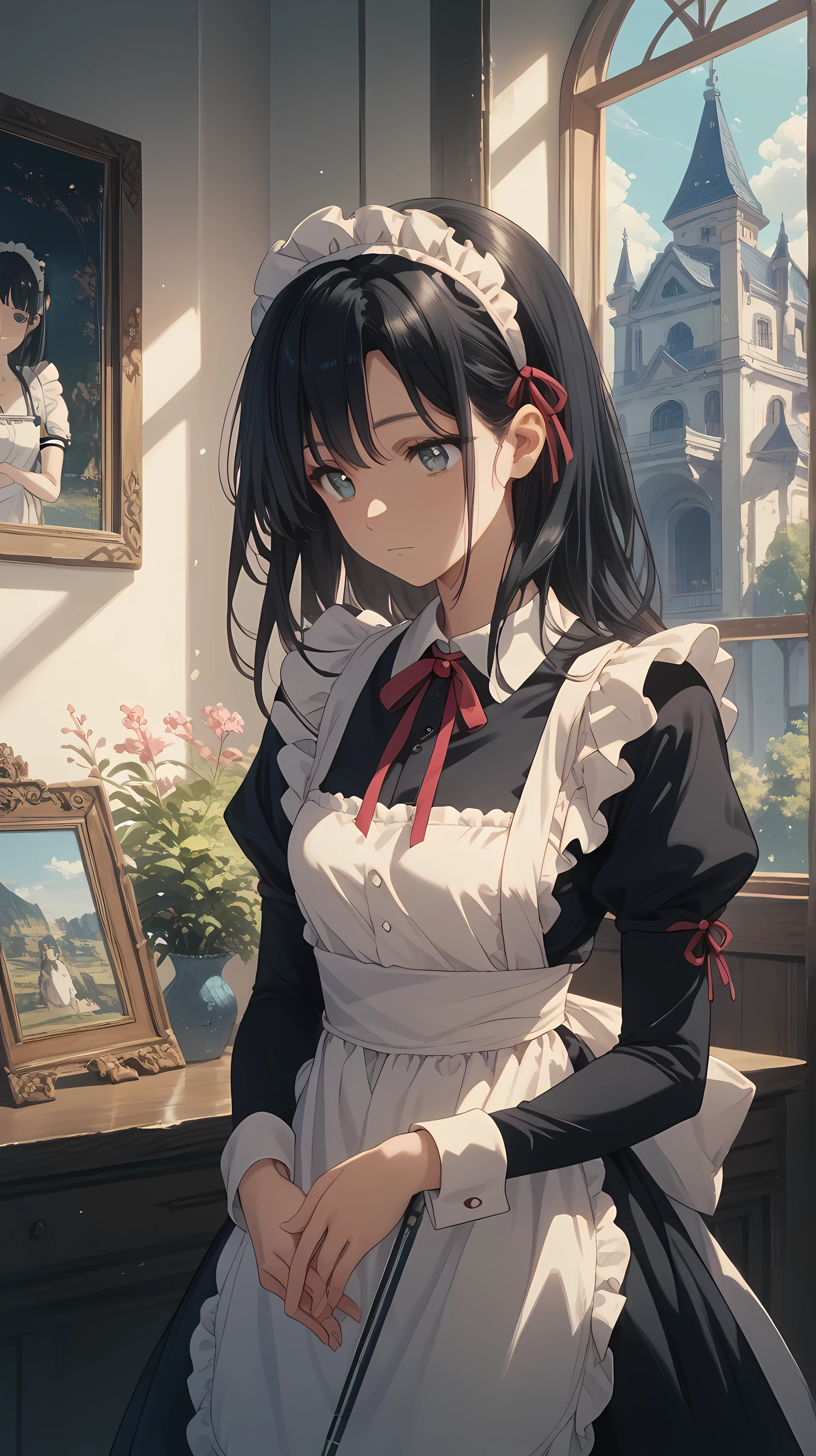 Eye Regulation(long black hair、maid clothes、maid headband in front of a mansion painting、sexy)、大邸宅の絵画の前で、midnight